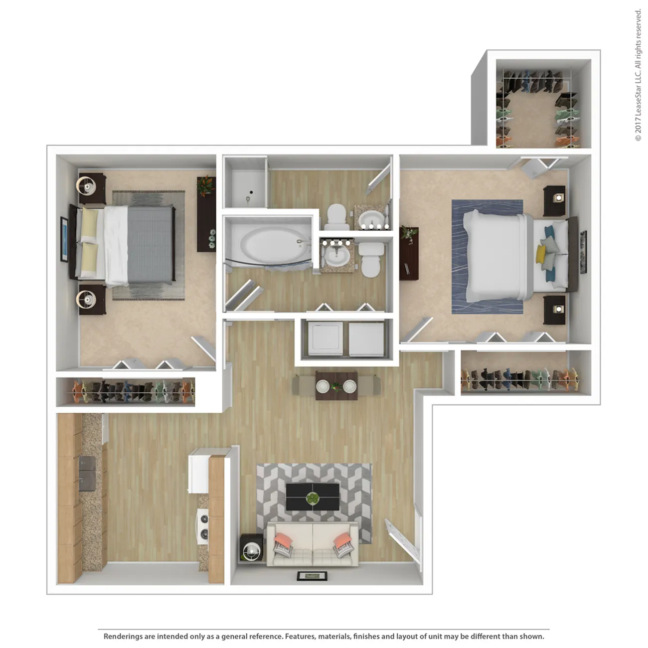 Charming floor plan showcasing 2 bedrooms with spacious closets, elegant kitchen, cozy living area, and modern bathroom.