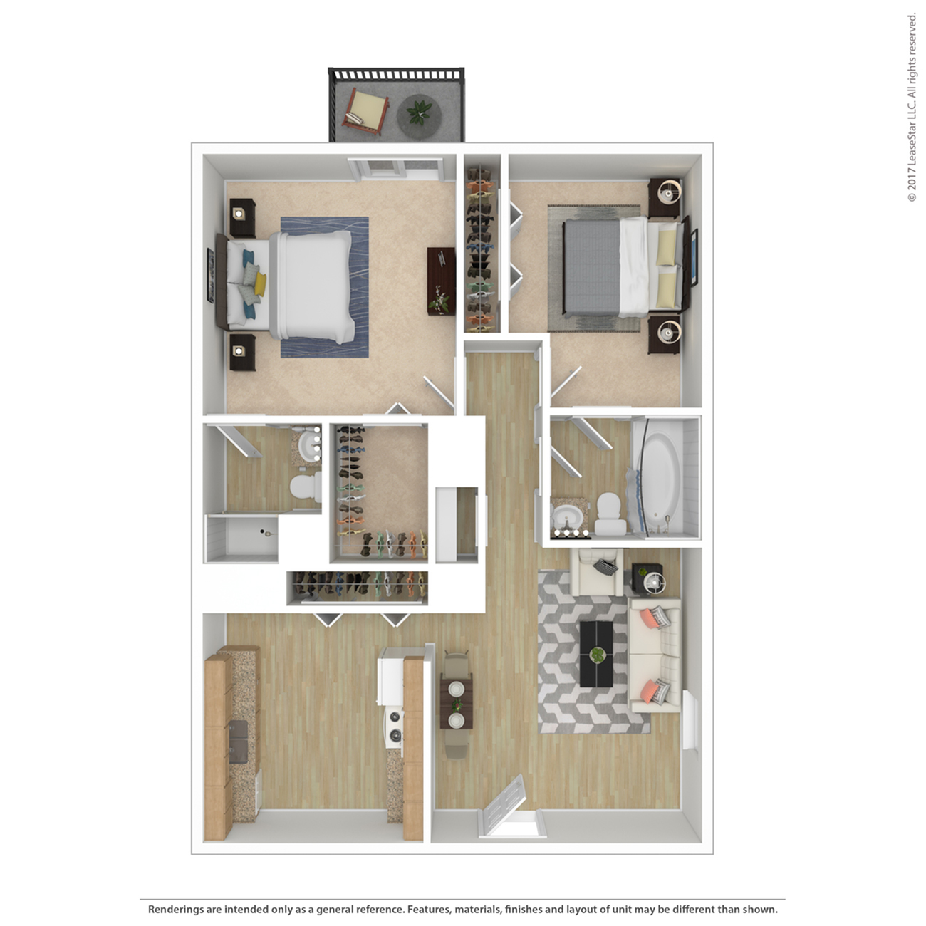 Modern 3D floor plan featuring two bedrooms, cozy living room, sleek kitchen, and compact balcony.