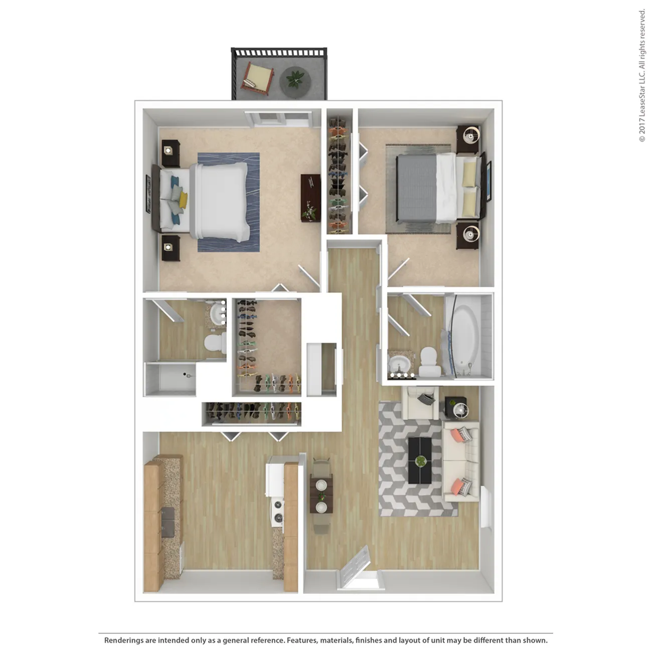 Chic 2D floor plan showcasing 2 bedrooms, open living space, modern kitchen, and a cozy balcony.