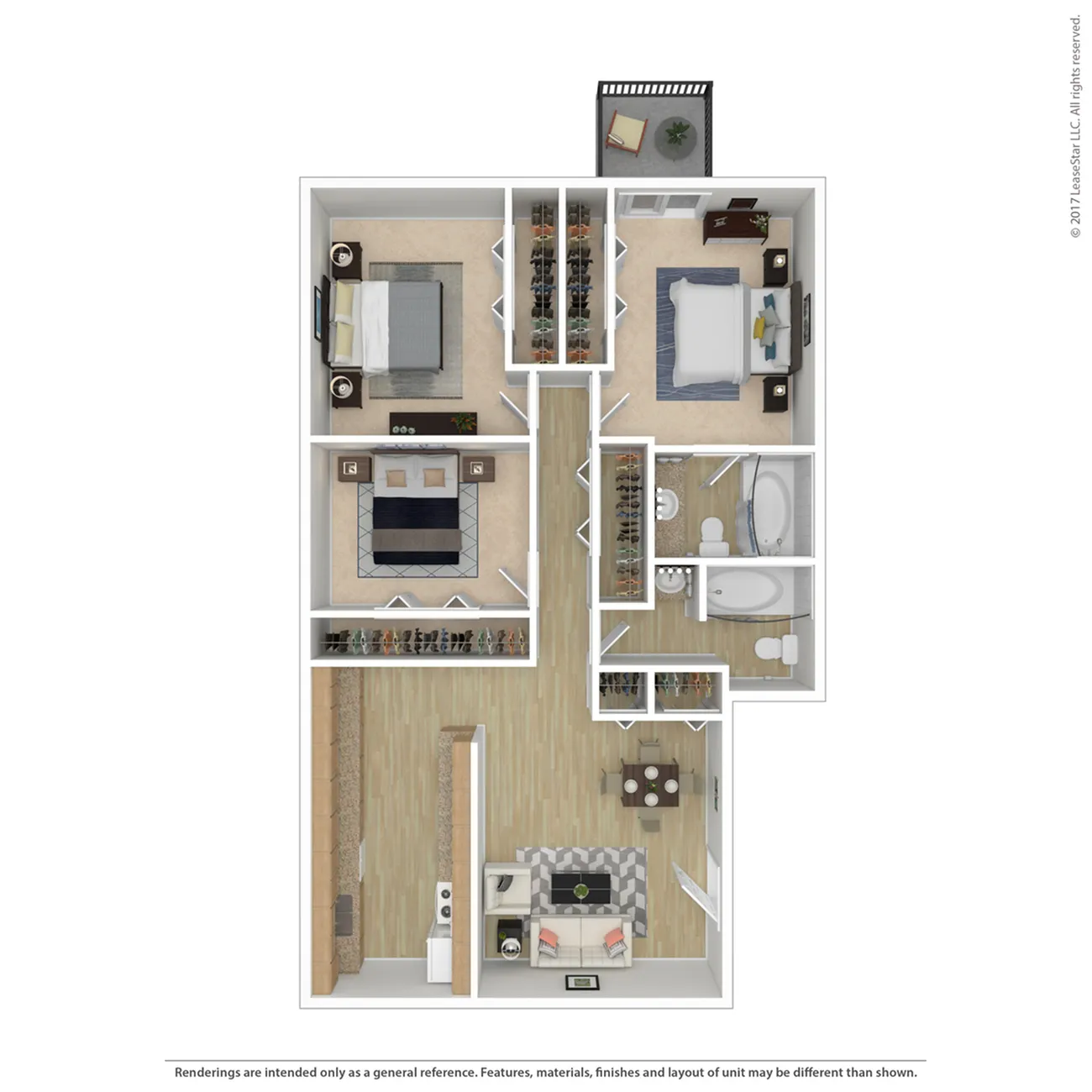 Modern floor plan showcasing 2 bedrooms, elegant open-concept living room, sleek kitchen, and spacious balcony.