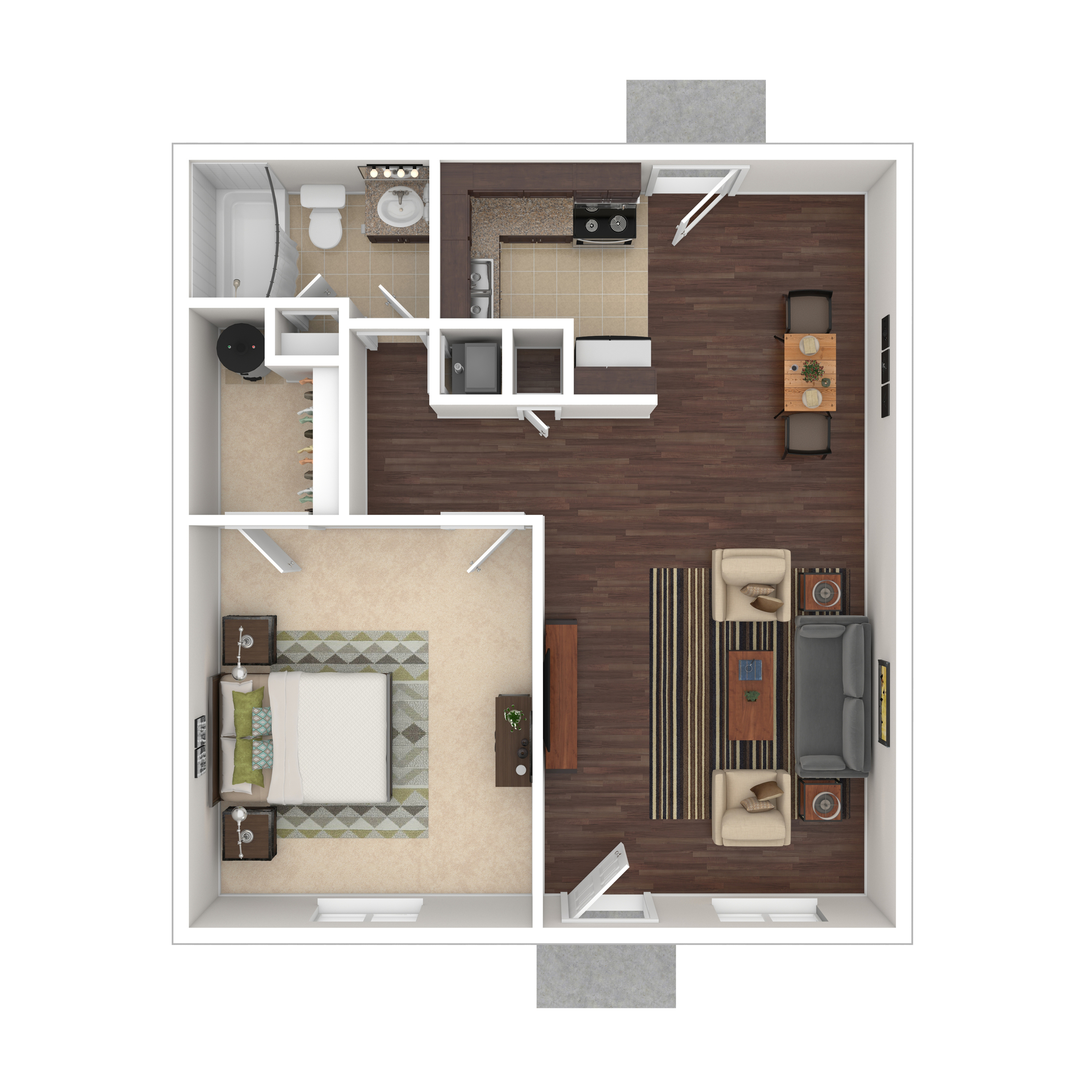 Modern 1-bedroom apartment floor plan featuring an open-concept living and dining area, cozy kitchen, and well-appointed bathroom.