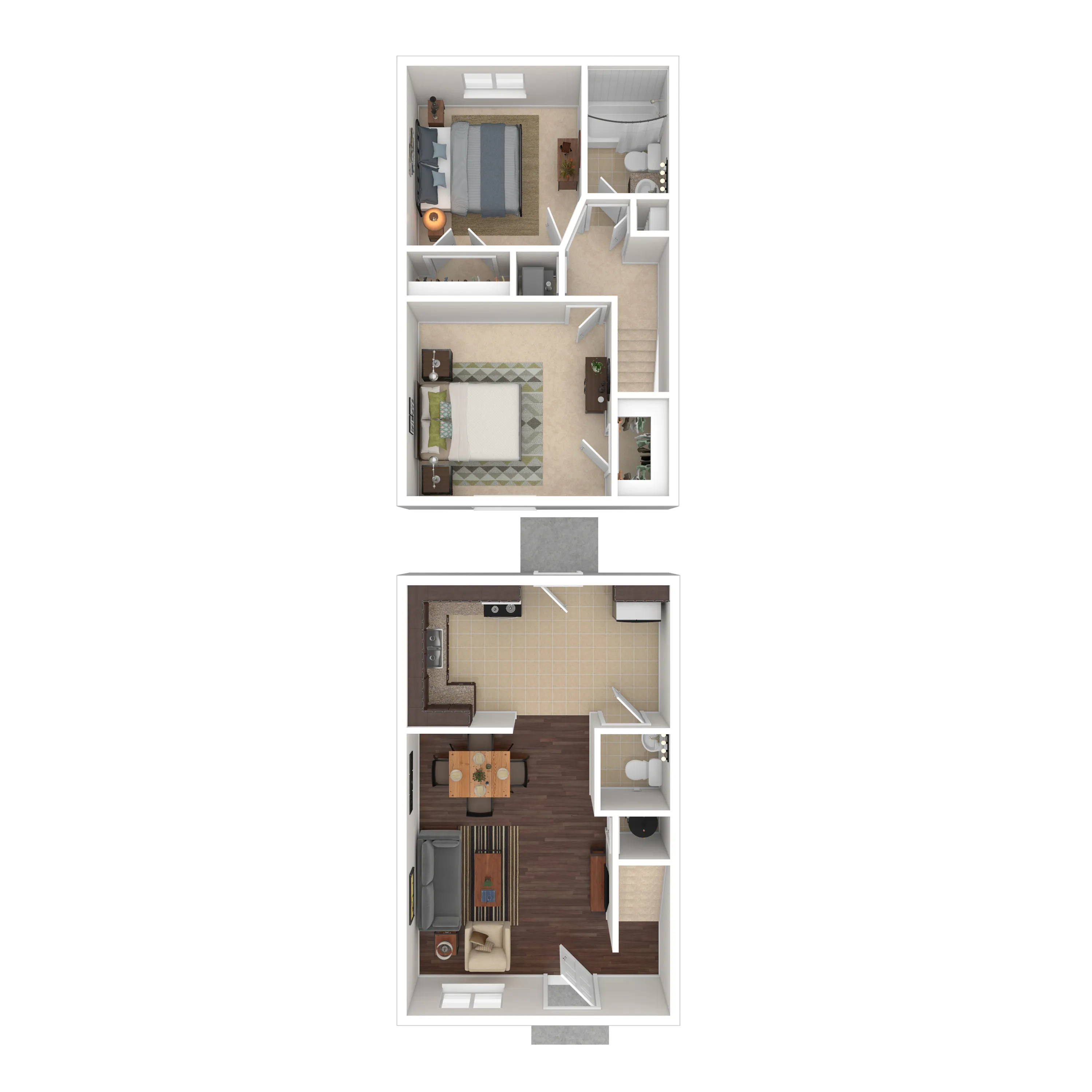Charming 2-level floor plan showcasing 2 bedrooms, a cozy living room, and a modern kitchen with welcoming dining area.