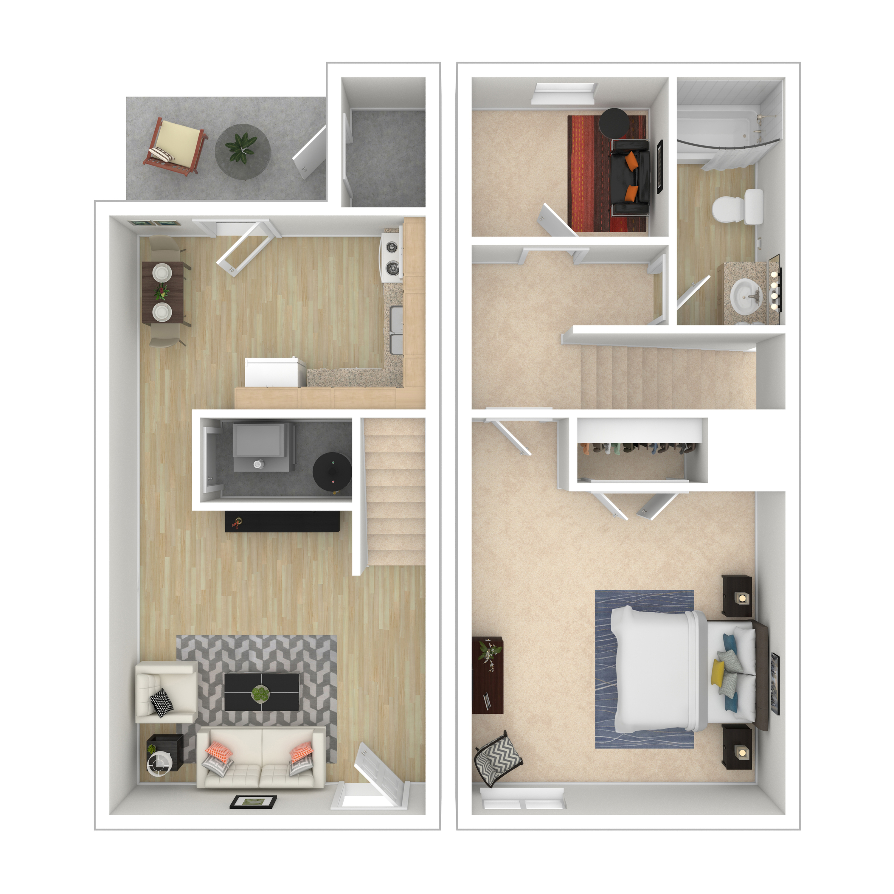 Modern 2D floor plan showcasing an open-concept living area with stylish decor, a compact kitchen, a cozy bedroom, and a well-appointed bathroom. Ideal layout for comfortable living.