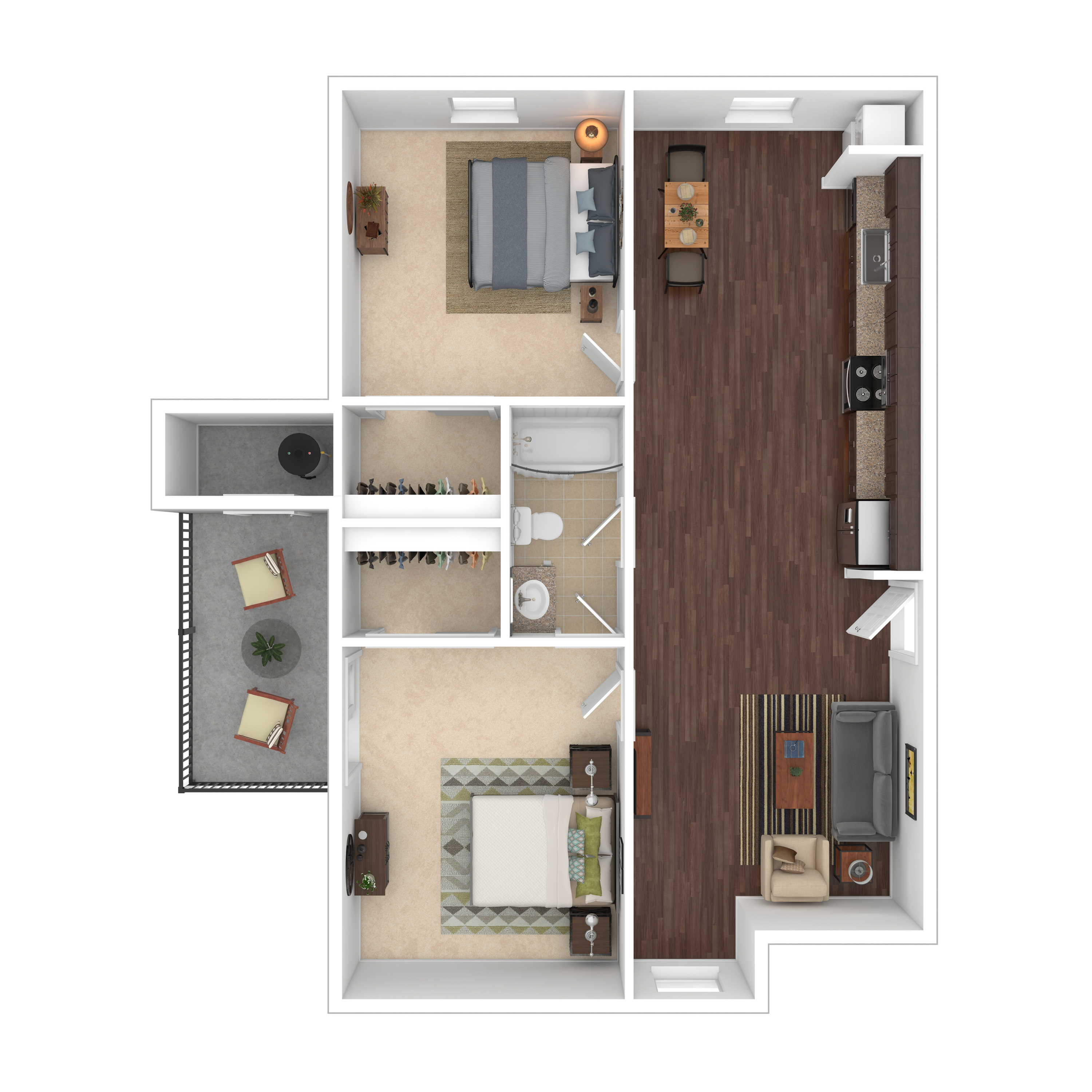 Modern 2D floor plan featuring 2 bedrooms, a sleek kitchen, and a cozy living area adjacent to a private balcony.