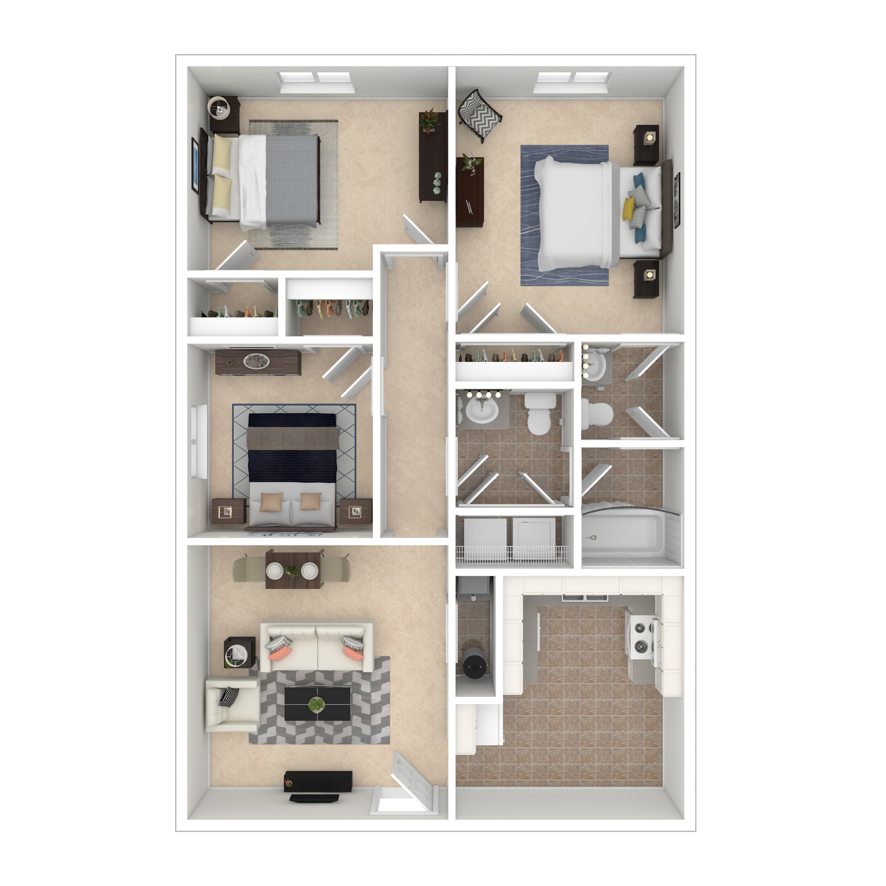 Modern 3D floor plan featuring 2 spacious bedrooms, a welcoming living area, and a fully equipped kitchen, ideal for contemporary living.