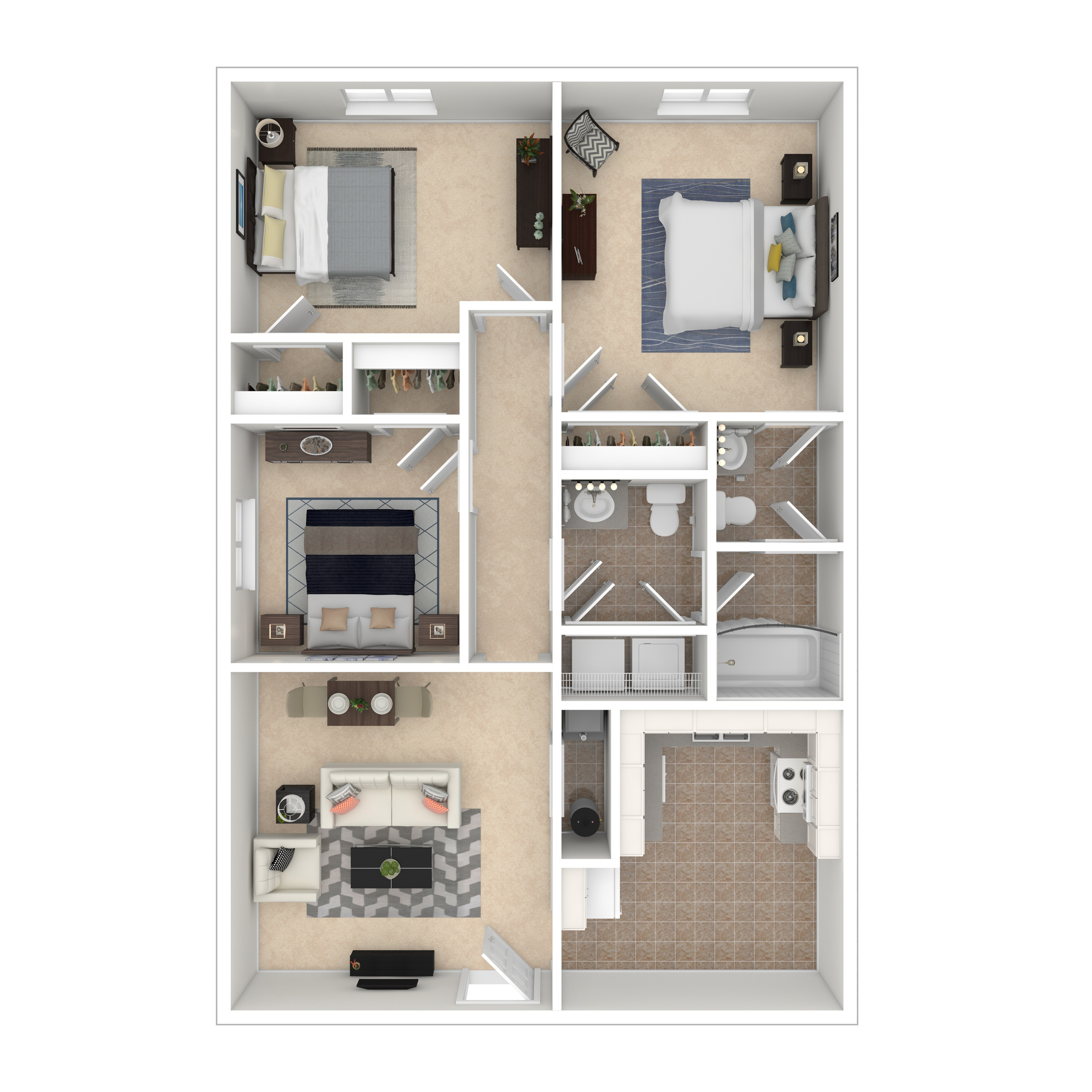 Elegant 3D floor plan showcasing two spacious bedrooms, a modern kitchen, cozy living area, and two bathrooms, designed for comfort and style.