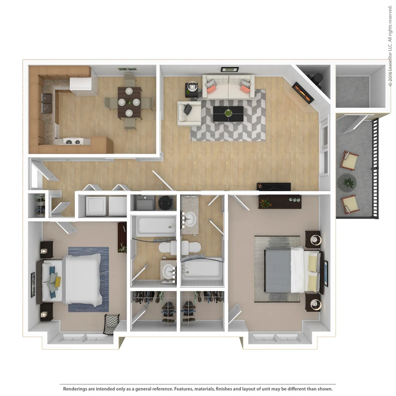 Elegant 2D floor plan showcasing 2 spacious bedrooms, open-concept living and dining area, modern kitchen, and private balcony.