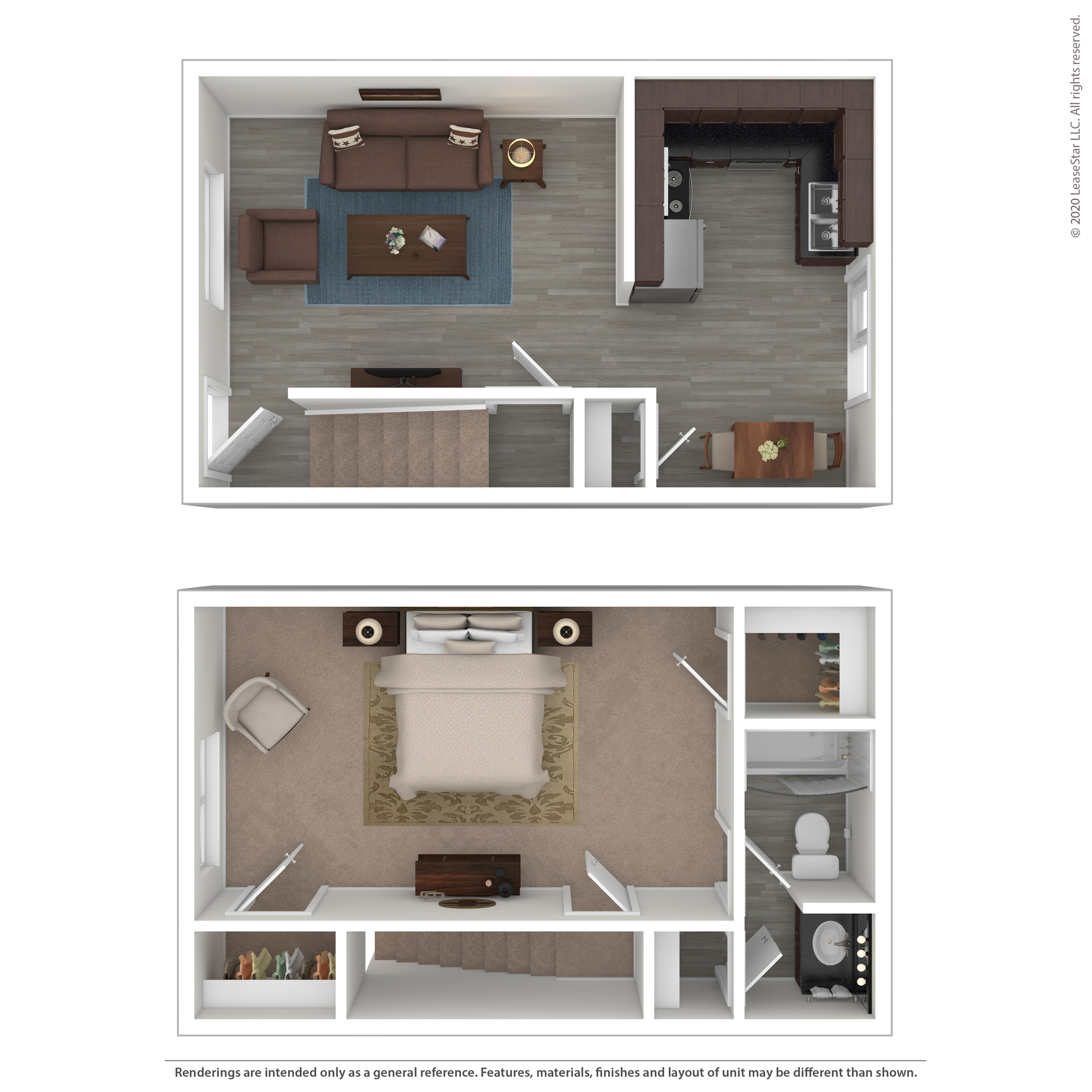 Elegant two-story floor plan showcasing a cozy living room, modern kitchen, and a spacious bedroom with en-suite bathroom.