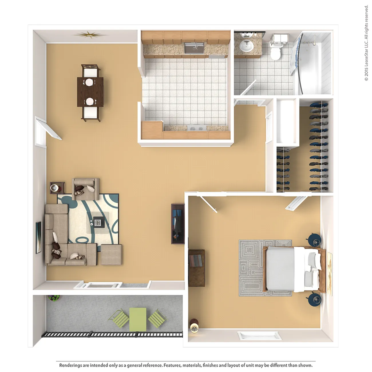 Modern 2D floor plan featuring 1 spacious bedroom, open-concept living and dining area, sleek kitchen, and a private balcony.