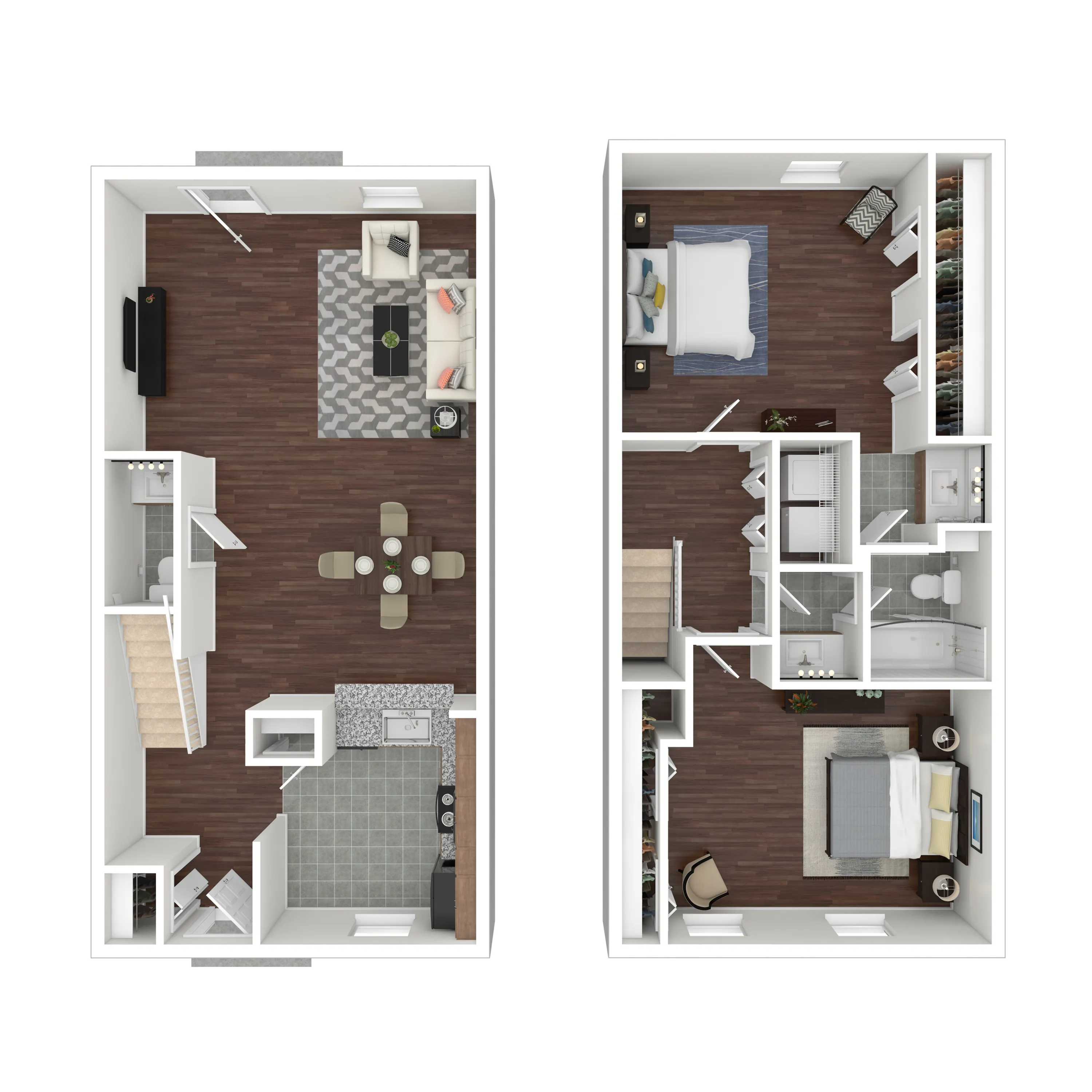 Modern two-story apartment floor plan with two spacious bedrooms, open-concept living area, stylish kitchen, and contemporary bathrooms. Ideal for comfortable living with elegant wooden flooring.