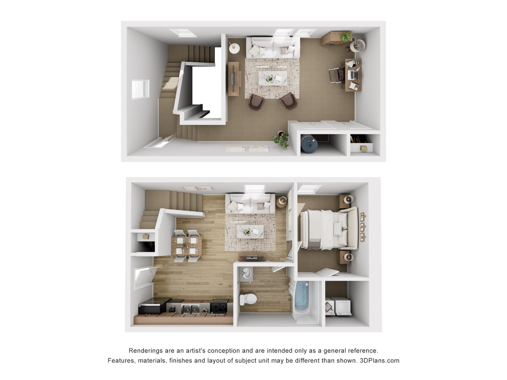 Chic 3D floor plan showcasing a two-story apartment with a cozy living room, open dining kitchen area, elegant bedroom, and modern office space.