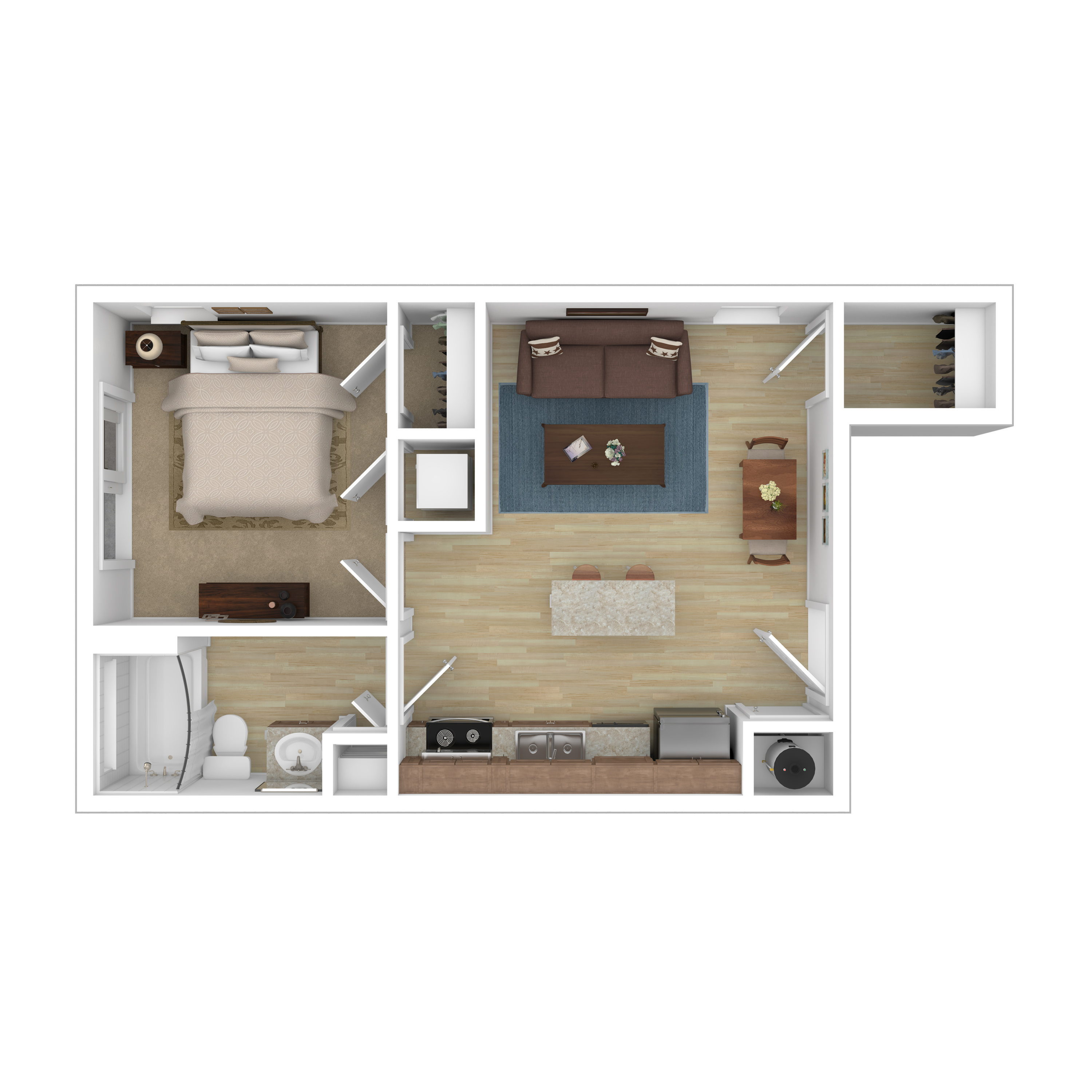 Chic floor plan showcasing one-bedroom, open-concept living area, modern kitchen, and cozy living room.