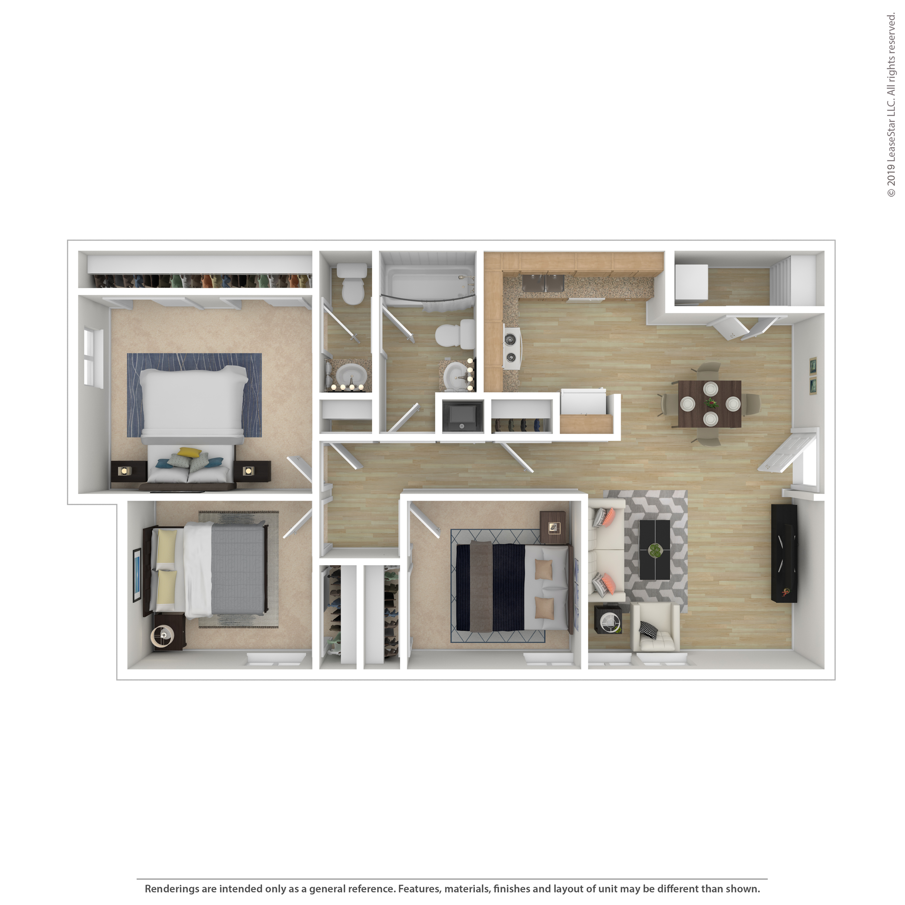 Modern 3D floor plan featuring two spacious bedrooms, two bathrooms, an open-concept kitchen, dining area, and a cozy living room with ample natural light.