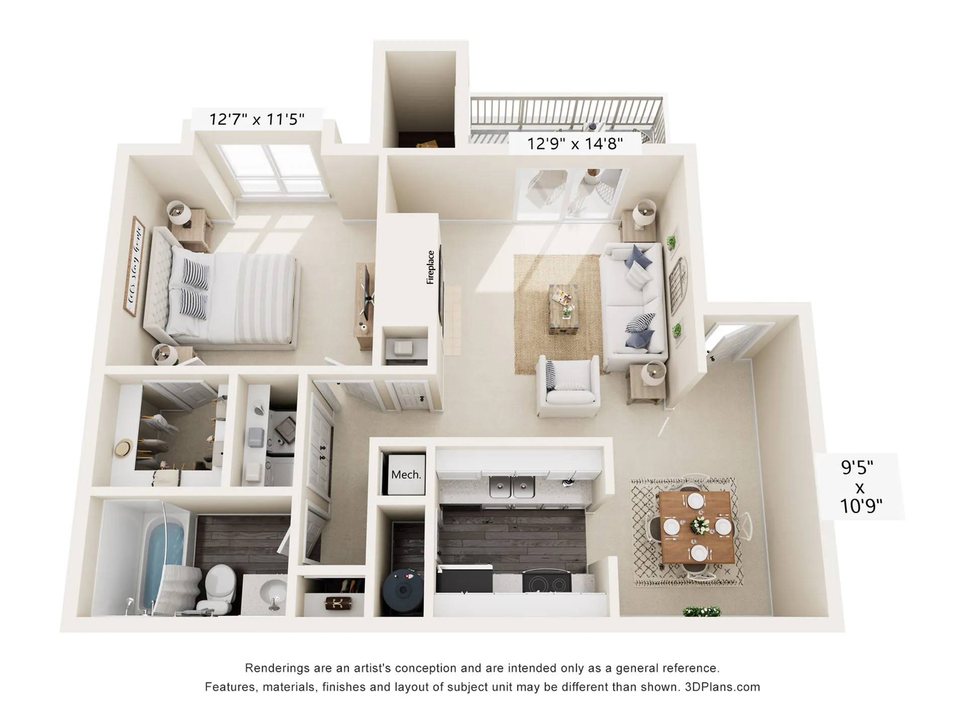 Bright and open 3D floor plan showcasing a spacious 1-bedroom apartment with a cozy living room, modern kitchen, and inviting balcony.