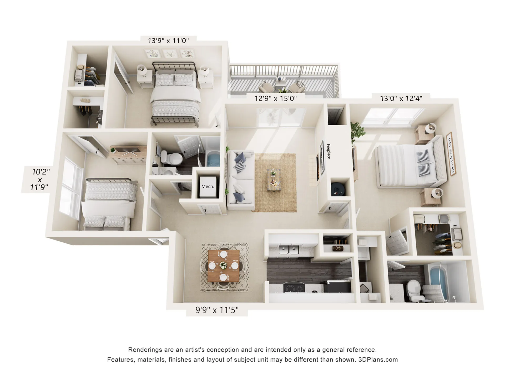 Chic 3D floor plan showcasing 3 bedrooms, cozy living area with fireplace, modern kitchen, and elegant dining space.