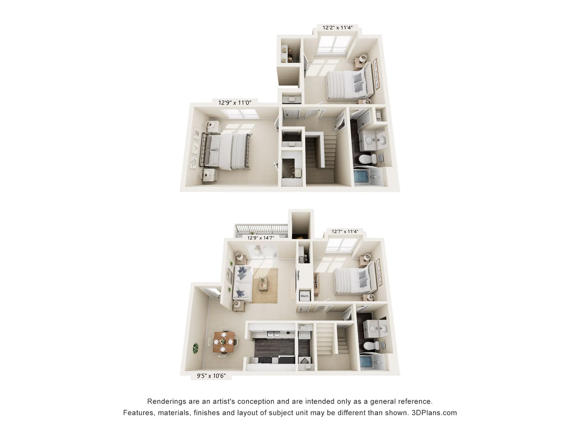 Inviting 3D floor plan depicting a modern apartment with 3 bedrooms, a cozy living room, and spacious dining area.