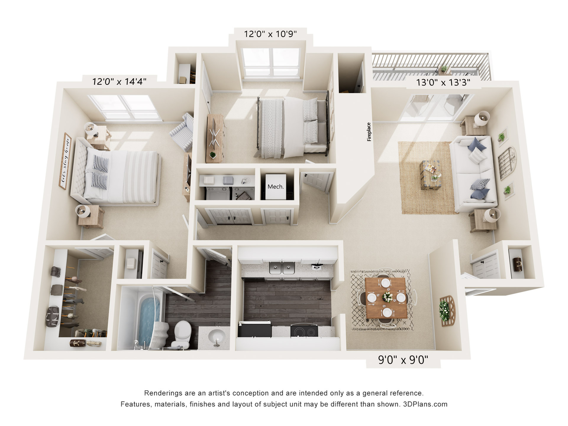 Contemporary 2D floor plan featuring 2 bedrooms, a spacious living area, modern kitchen, and elegant dining room, complete with a cozy fireplace and private balcony.