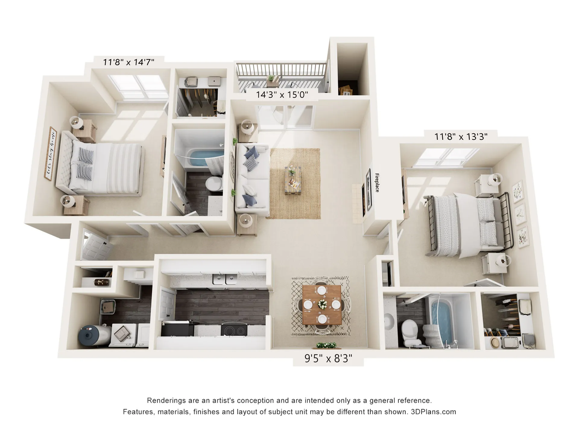 Contemporary 3D floor plan featuring two spacious bedrooms, an open living area with a cozy fireplace, a modern kitchen, and two bathrooms, perfect for stylish living.