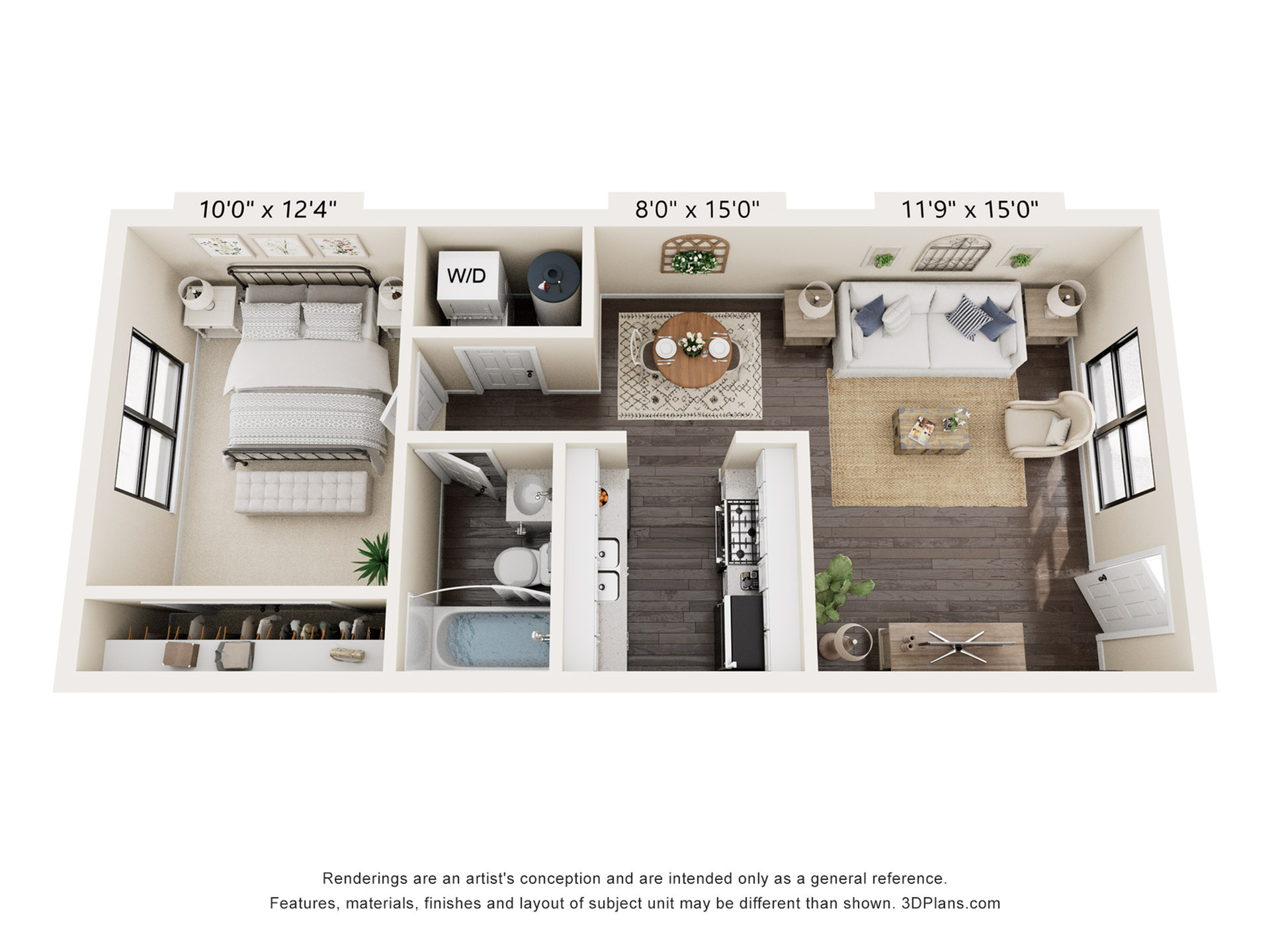 Charming 3D floor plan highlighting a cozy 1-bedroom apartment with an open living area, modern kitchen, and elegant bathroom.