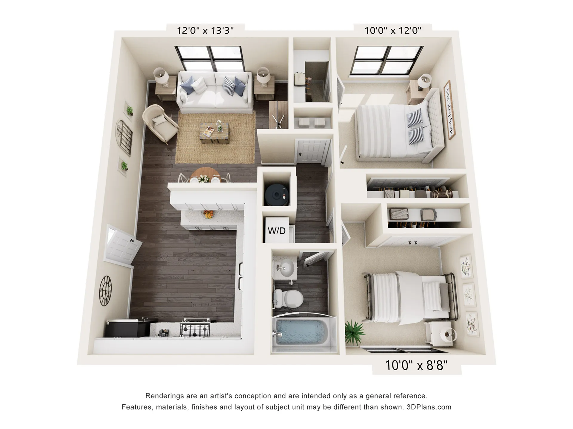 Elegant 3D floor plan featuring 2 cozy bedrooms, an inviting living room, modern kitchen, and spacious bathroom. Thoughtfully designed for comfort and style.
