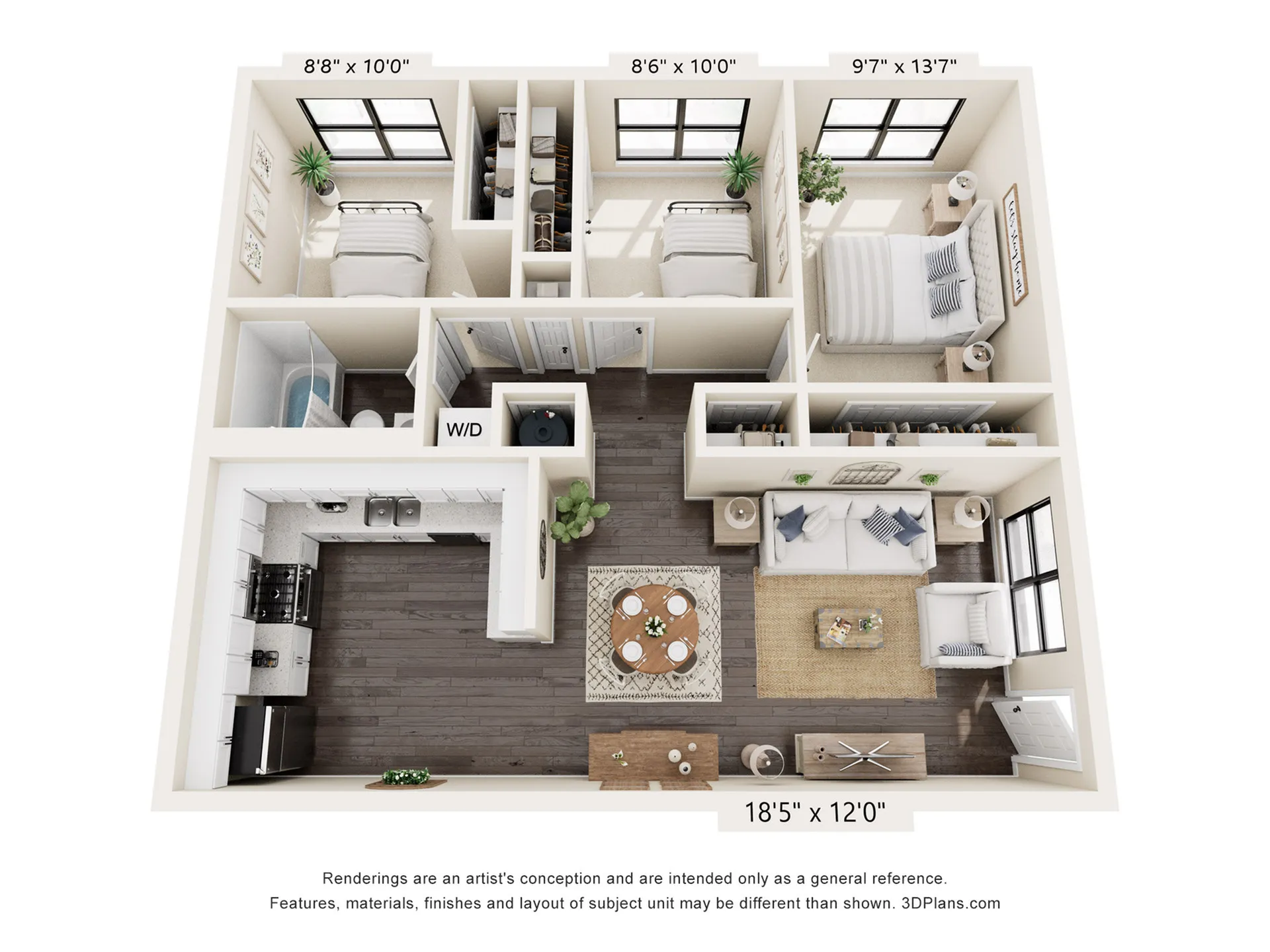 Modern 3D floor plan showcasing 3 bedrooms, cozy living room, stylish kitchen, and bathroom with washer-dryer in a well-lit layout.