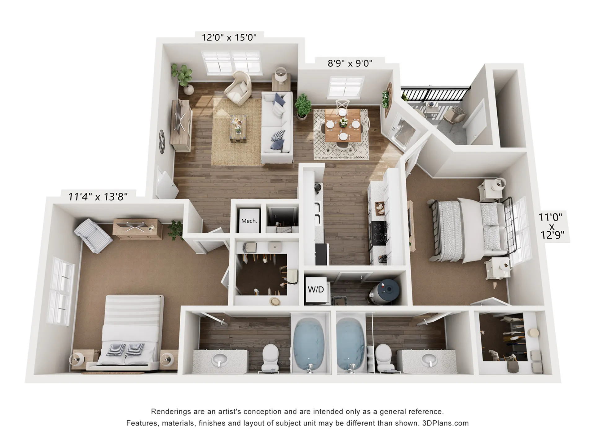 Contemporary 3D floor plan highlighting two spacious bedrooms, an inviting living area, elegant dining space, modern kitchen, and dual bathrooms.