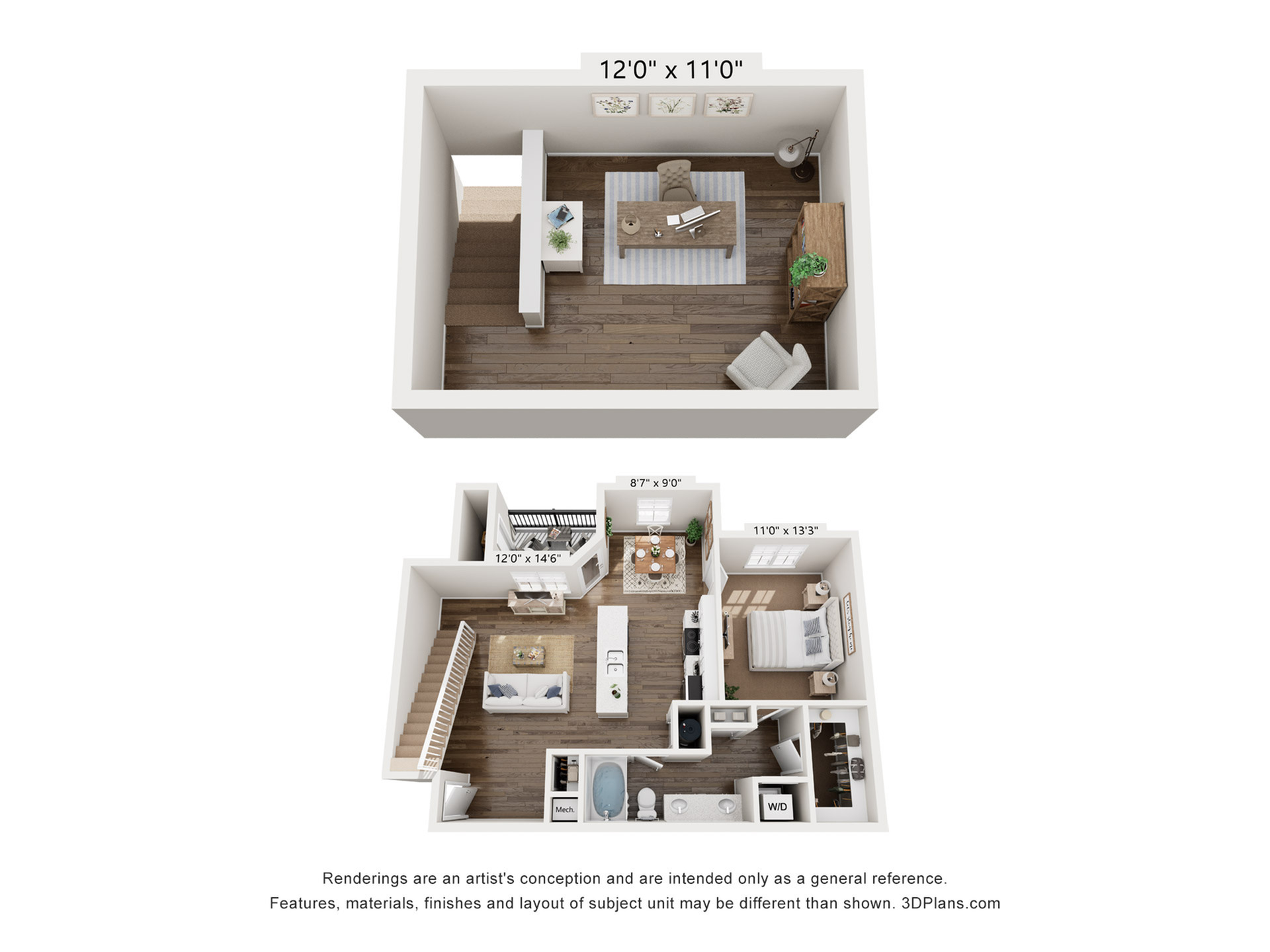 Chic 3D floor plan of a two-story apartment featuring a home office, spacious kitchen, cozy living area, and master bedroom.