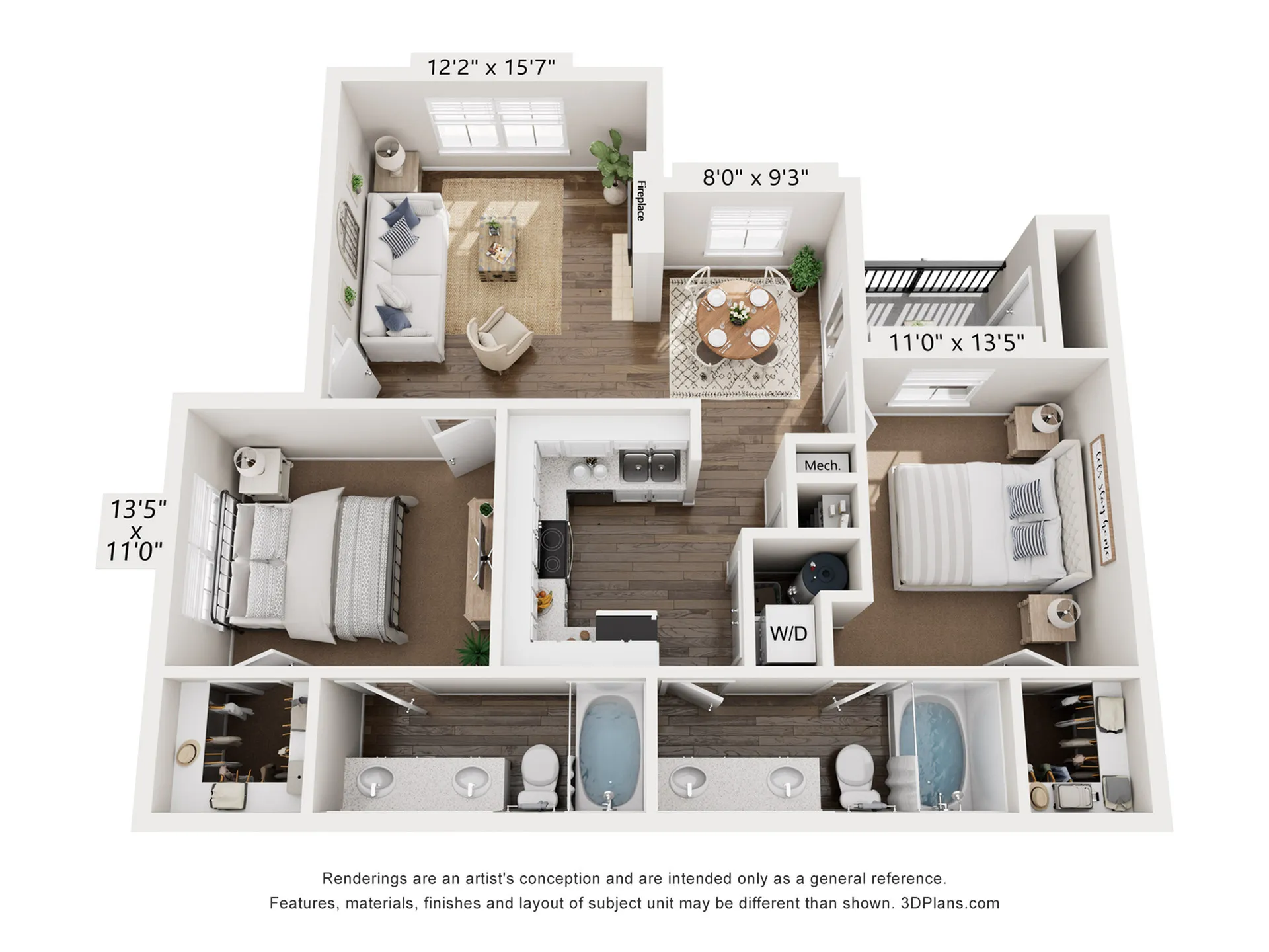 Modern 3D floor plan showcasing a 2-bedroom, 2-bathroom layout with spacious living area, open-concept dining, and kitchen. Features include a balcony, ample storage, and stylish design.