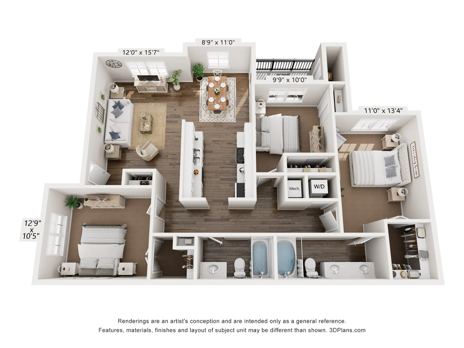Charming 3D floor plan showcasing spacious 3-bedroom layout with cozy living room, modern kitchen, and two elegant bathrooms. Ideal for comfortable living.