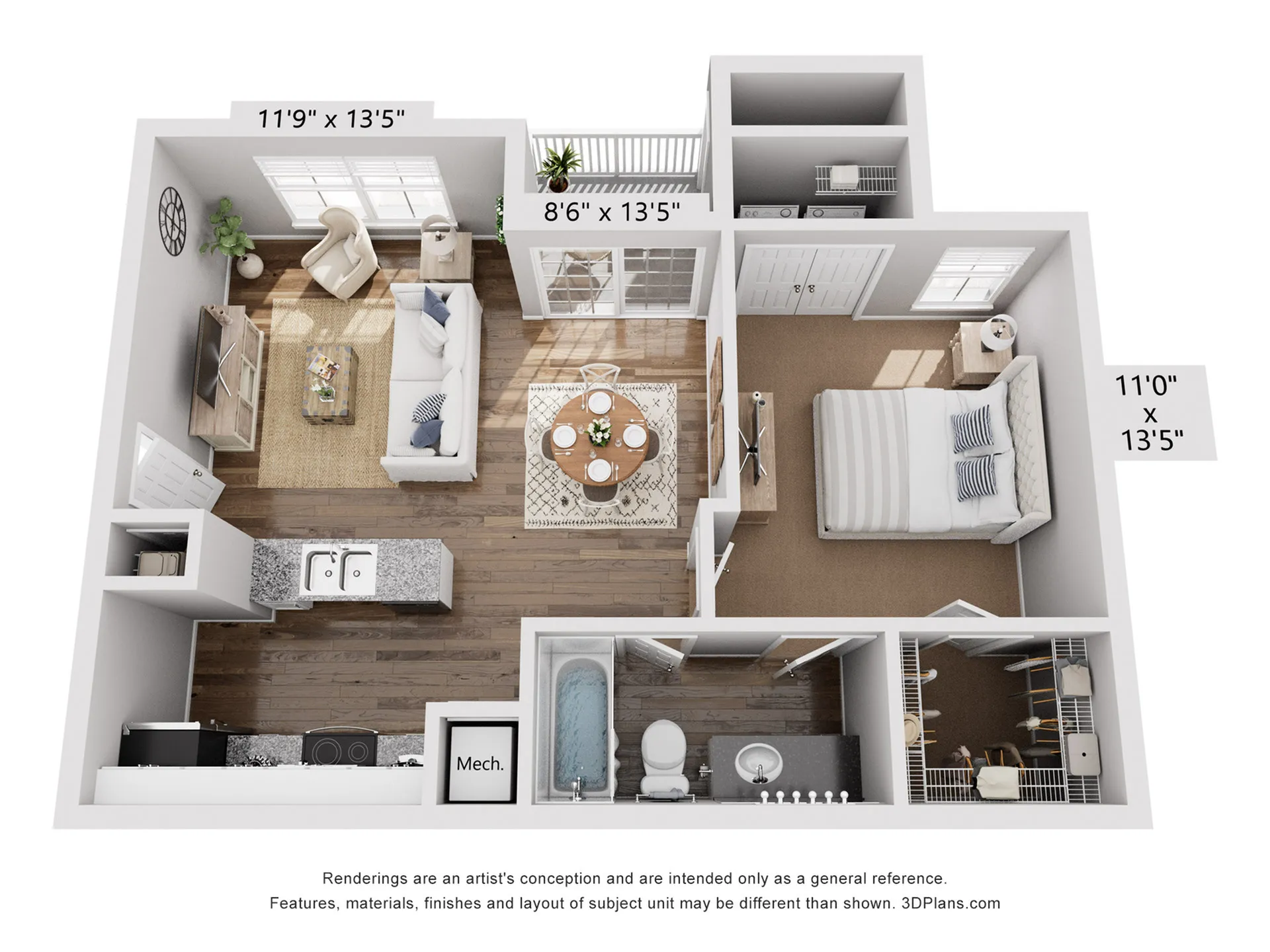 Charming 1-bedroom apartment layout with a cozy living area, modern kitchen, and elegant bathroom, featuring ample natural light and outdoor balcony space.