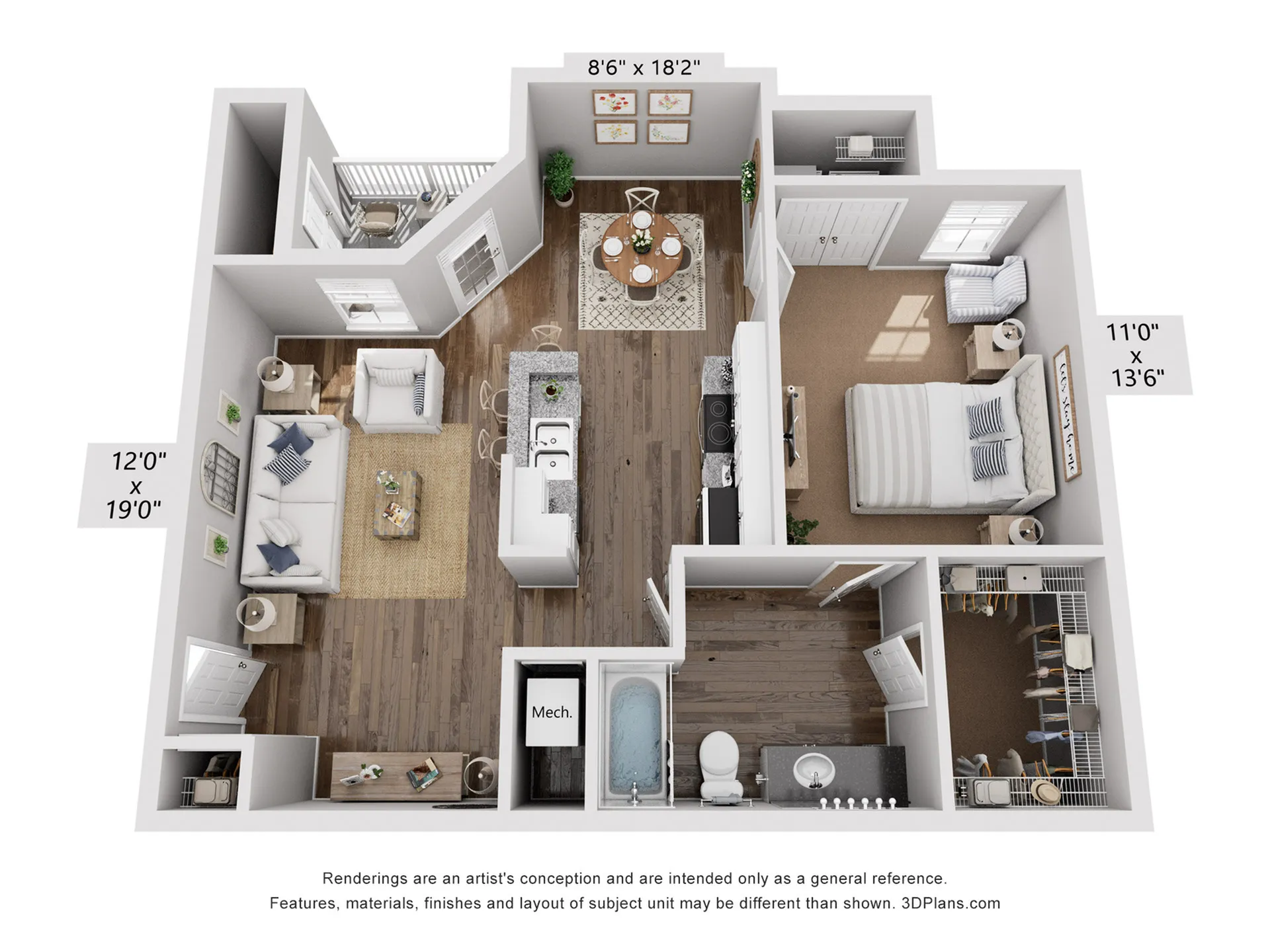 Chic 3D floor plan showcasing a spacious layout with a cozy bedroom, open living area, modern kitchen, and elegant dining space, perfect for stylish urban living.