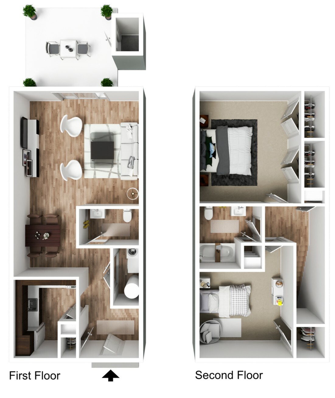 Charming 3D floor plan displaying a two-level apartment with a cozy first-floor living room and kitchen, plus two bedrooms on the second floor, perfect for family living.