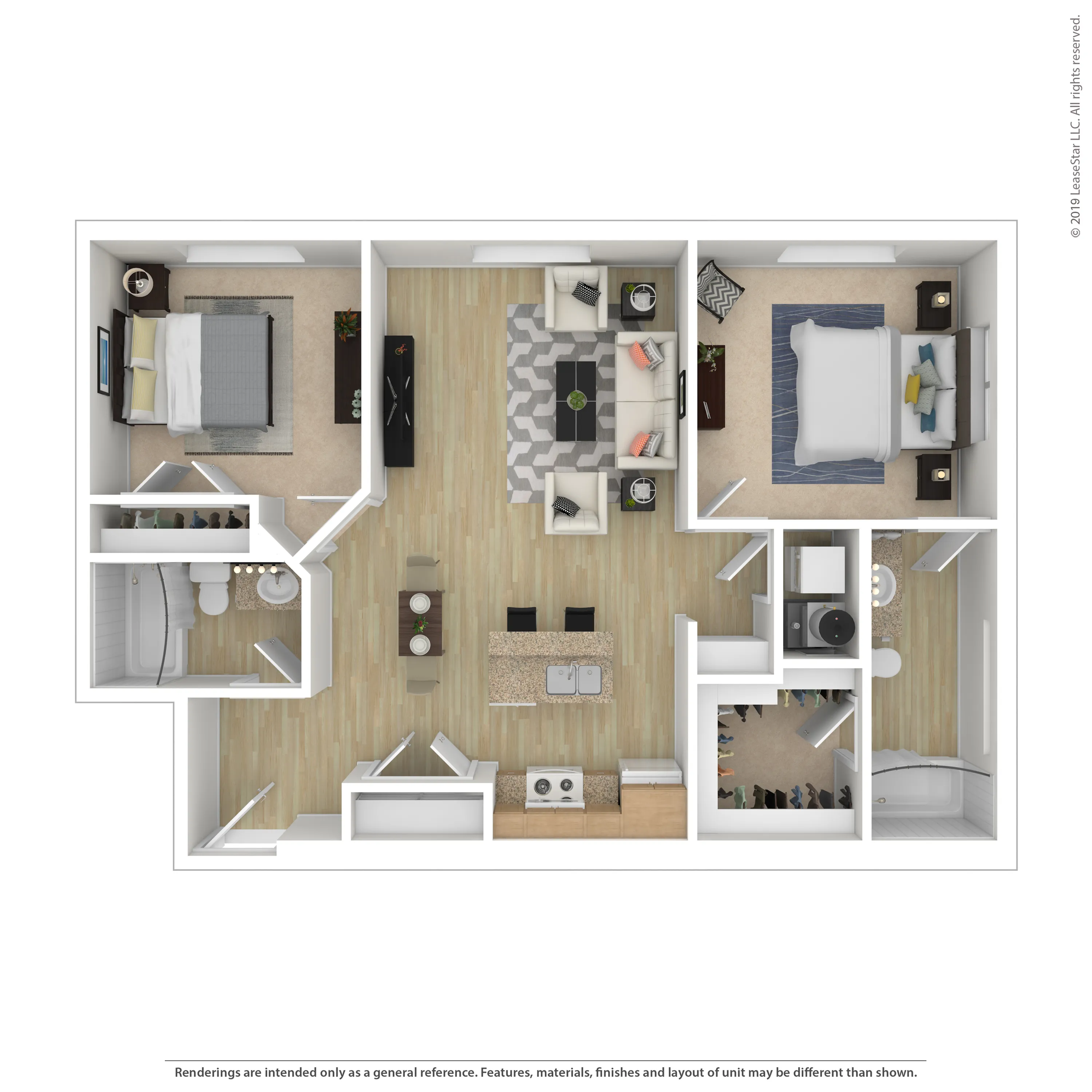Modern 3D floor plan showcasing a 2-bedroom apartment with an open-concept living room, sleek kitchen with island, and cozy bedrooms.