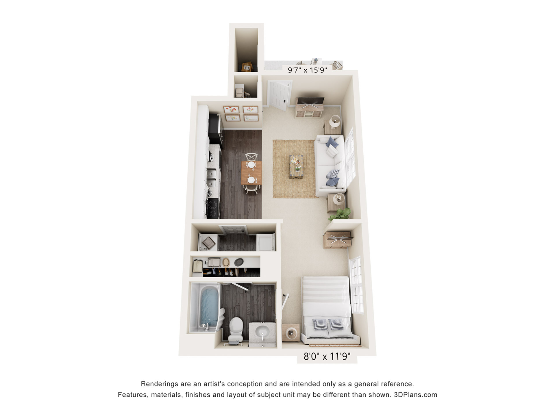 Chic 3D floor plan showcasing a modern 1-bedroom apartment with an open-concept living and dining area, stylish kitchen, and cozy lounge.