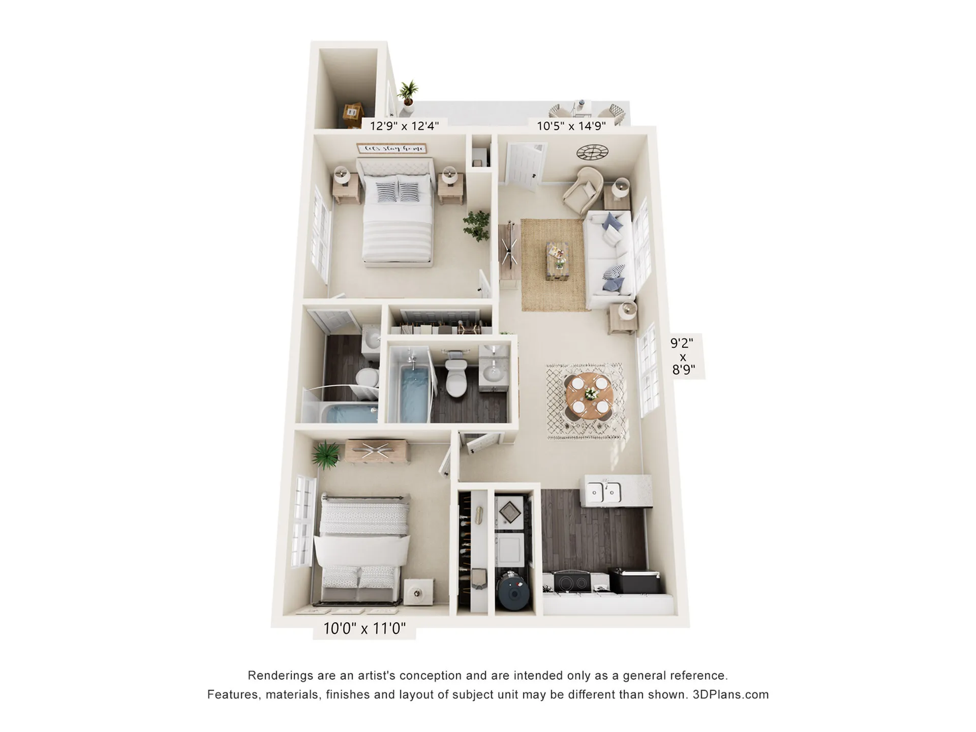 Charming 3D floor plan with two cozy bedrooms, modern living room, stylish kitchen, and elegant dining area.