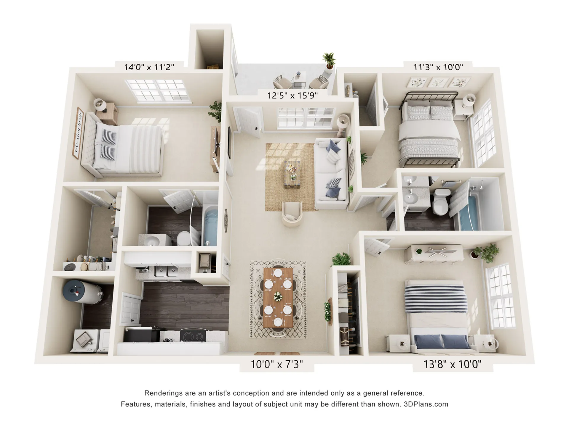 Elegant 3D floor plan showcasing three spacious bedrooms, an inviting living room, a modern kitchen, and two bathrooms, designed for comfort and style.