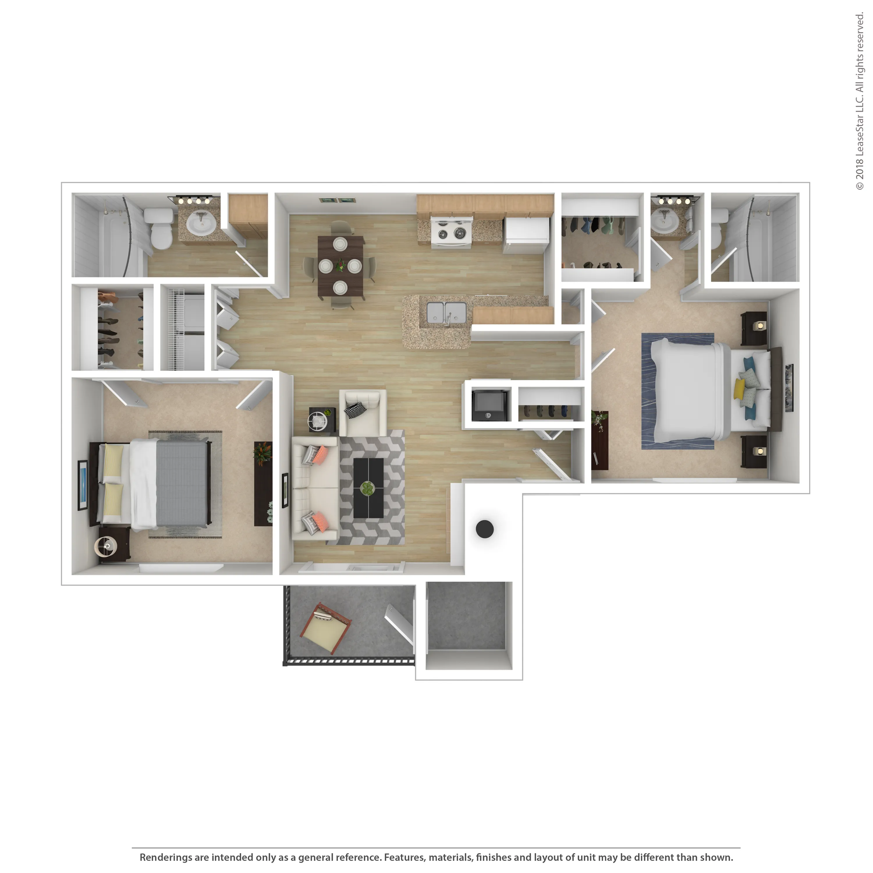 Modern 2D floor plan featuring 2 cozy bedrooms, a stylish open-concept living and dining area, and a functional kitchen. Includes two bathrooms and ample storage space.