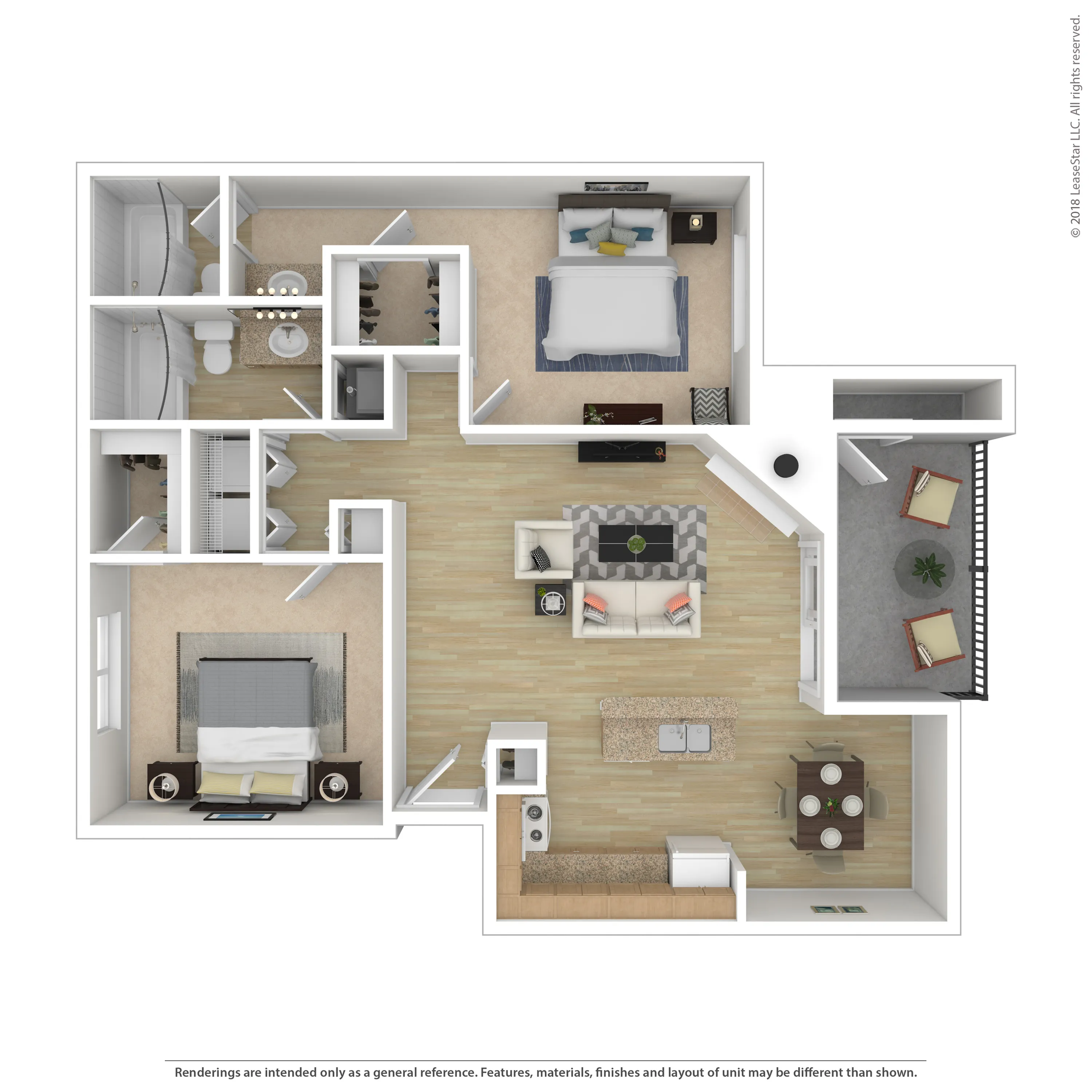 Contemporary floor plan showcasing 2 bedrooms, open living area, modern kitchen with island, and cozy balcony.
