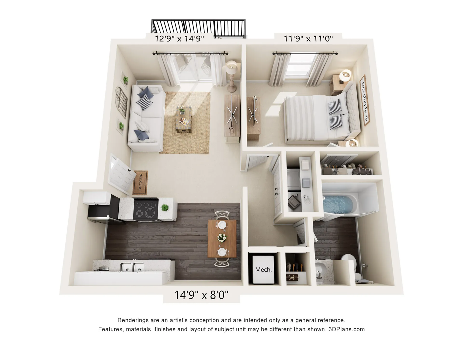 Chic 3D floor plan showcasing 1 bedroom, a spacious living area opening to a balcony, modern kitchen, and a well-appointed bathroom.