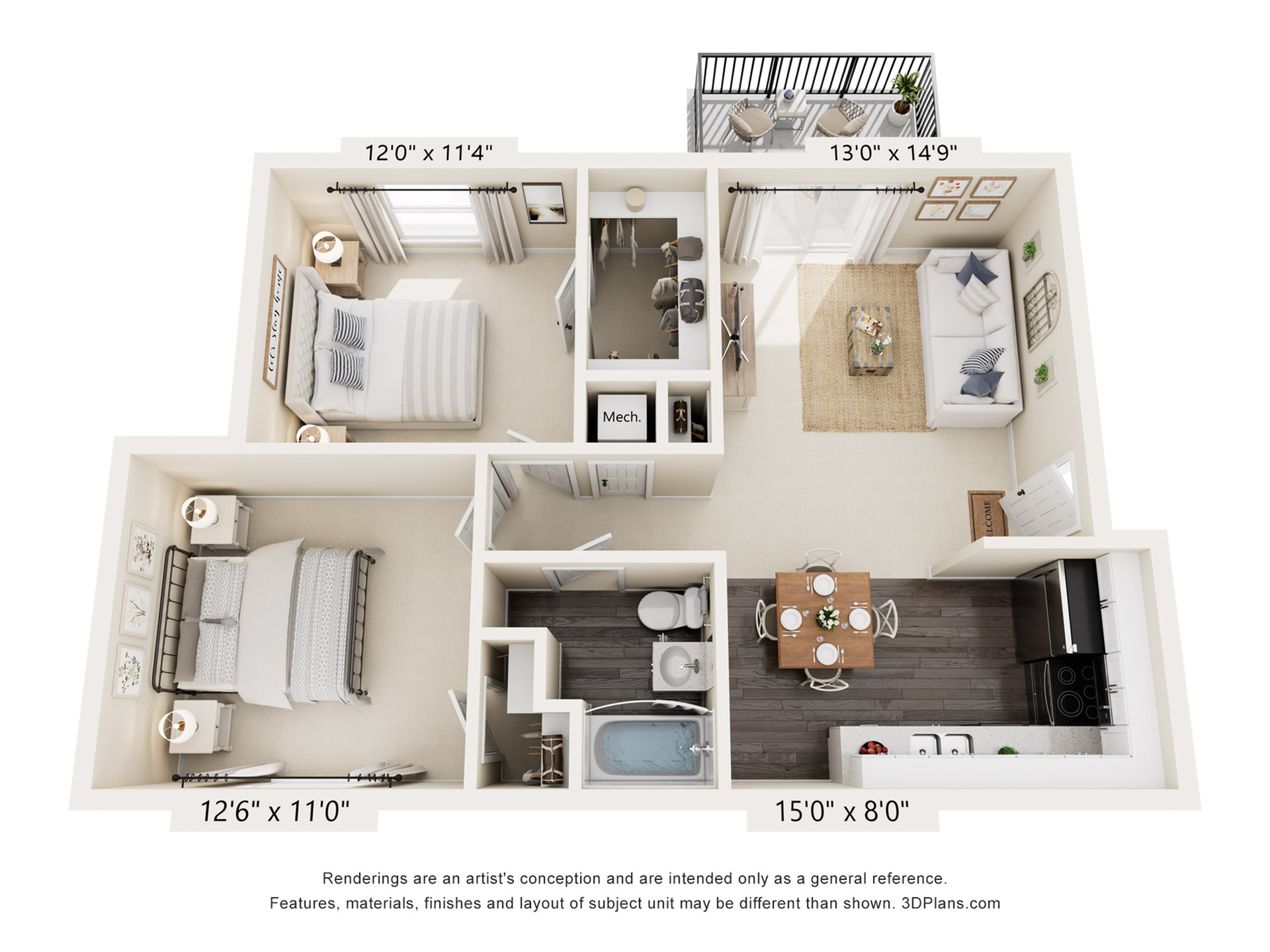Chic apartment floor plan with 2 spacious bedrooms, open living area, modern kitchen, and inviting balcony.