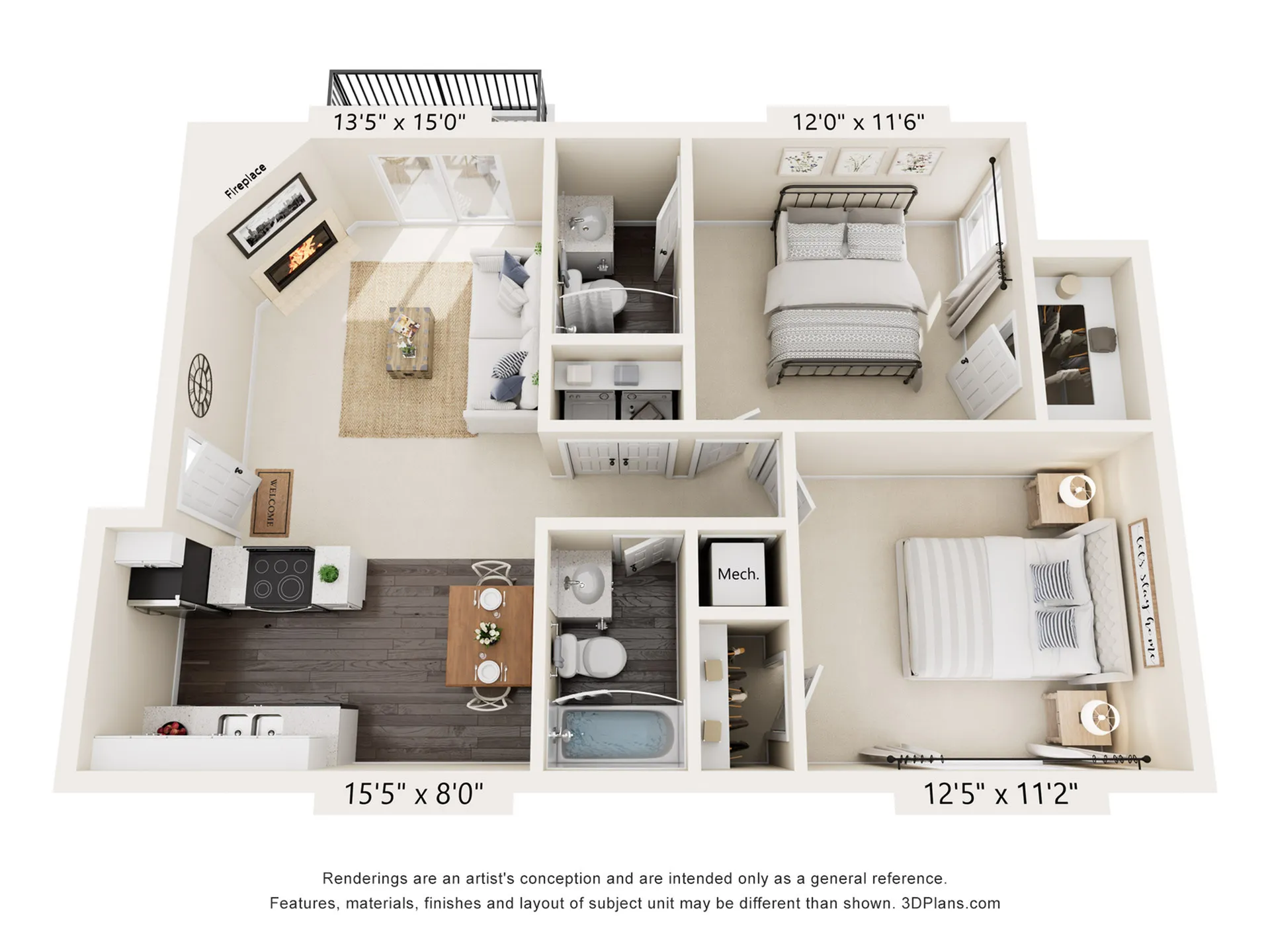 Charming 3D floor plan featuring two cozy bedrooms, a modern kitchen with sleek countertops, a spacious living room with a warm fireplace, and two elegant bathrooms.
