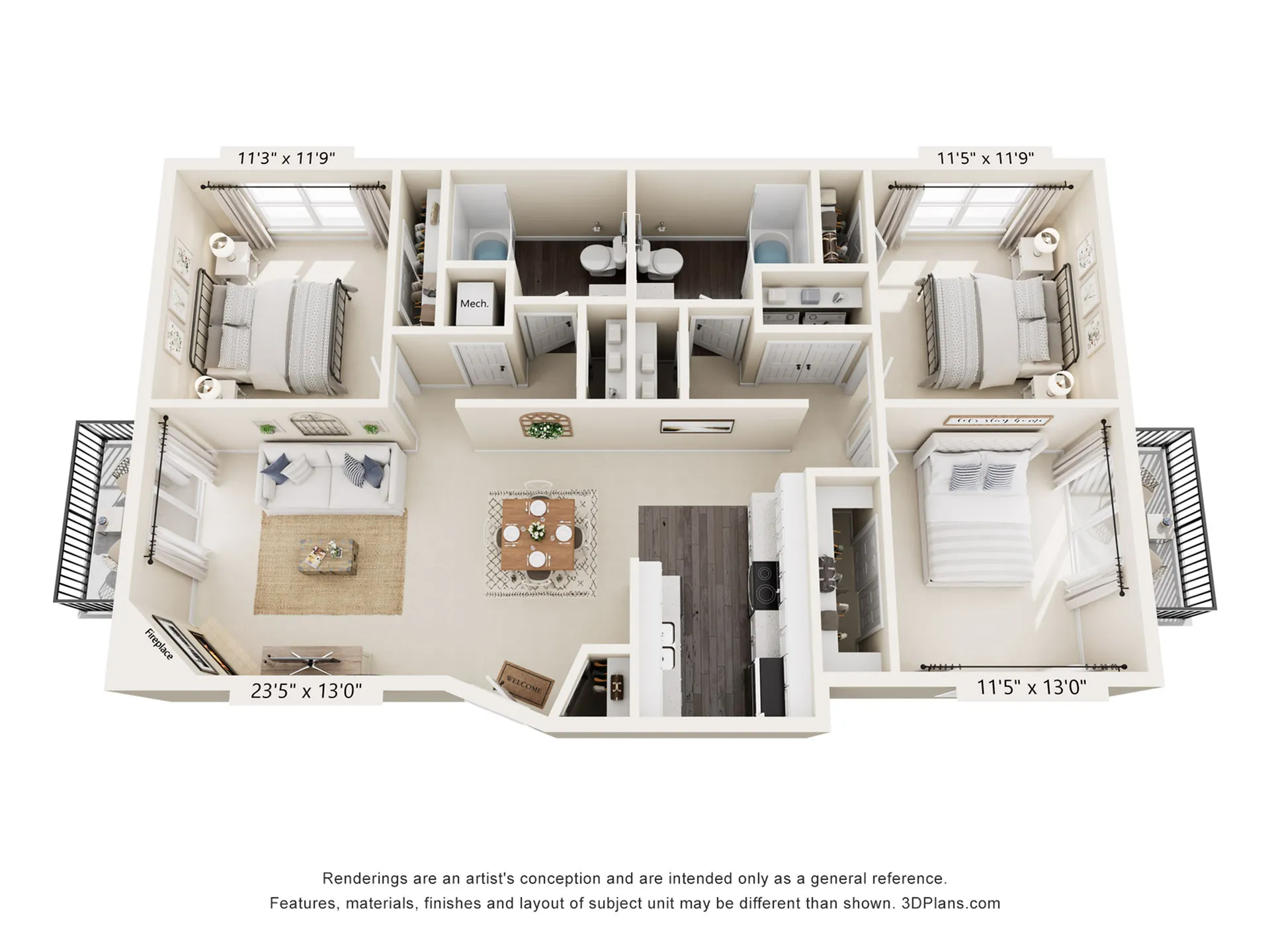 Charming 3D floor plan showcasing a spacious 3-bedroom apartment with open living room, modern kitchen, and cozy balconies.