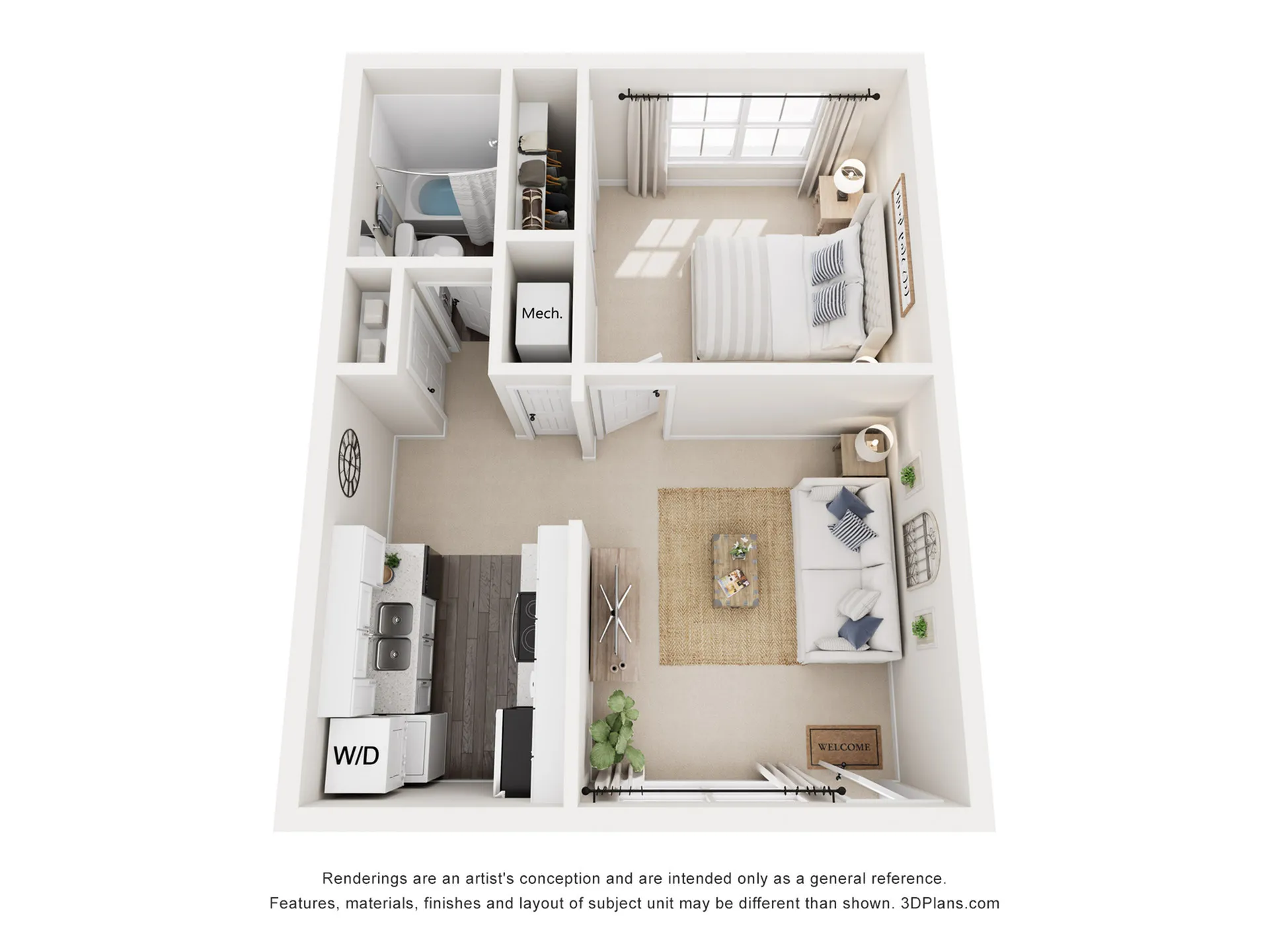 Charming 3D floor plan with a cozy bedroom, elegant living area, modern kitchen, and a compact bathroom featuring stylish fixtures.