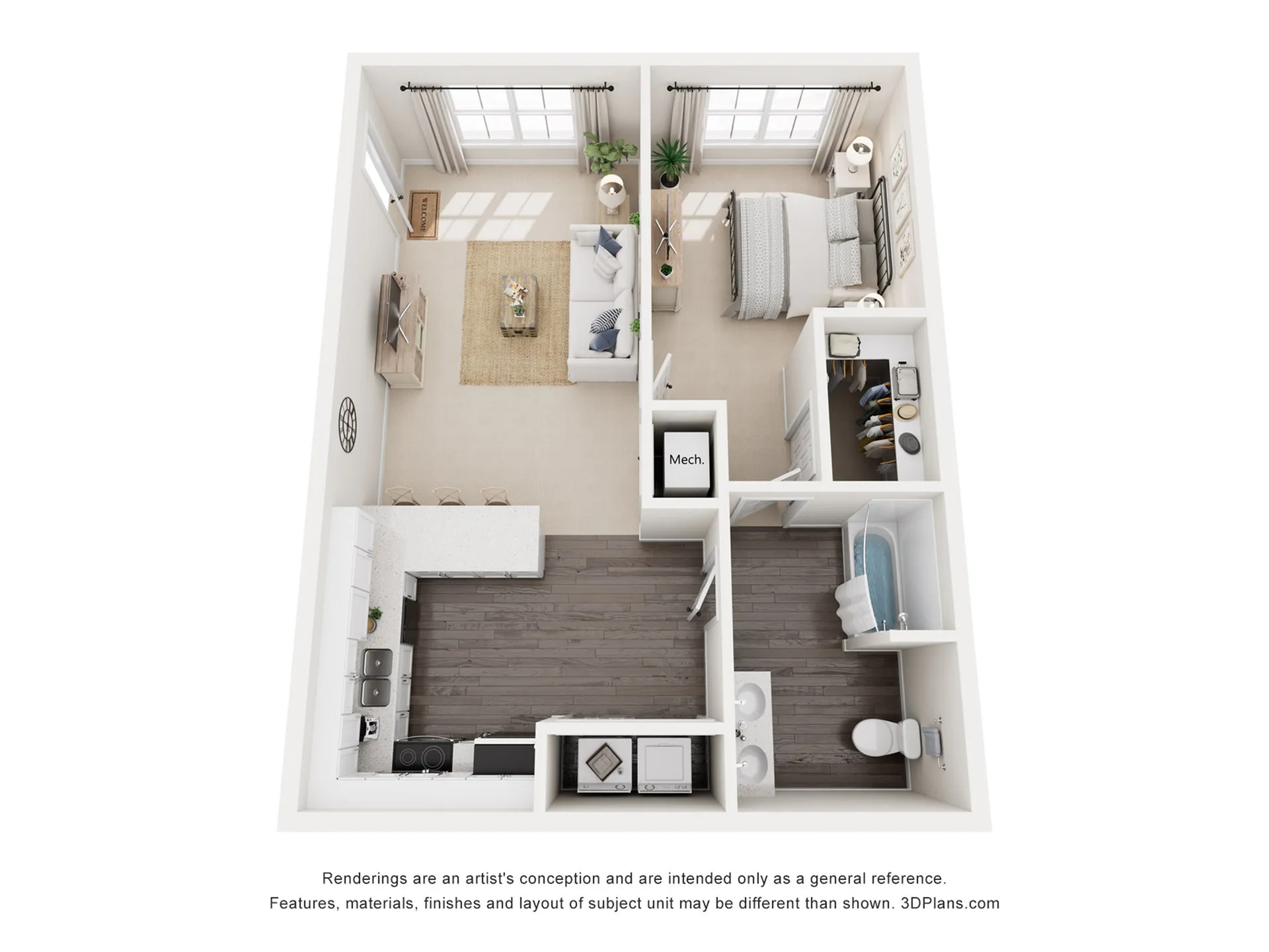 Chic 3D floor plan illustrating a cozy 1-bedroom apartment with an open-concept living area, modern kitchen, and sleek bathroom.