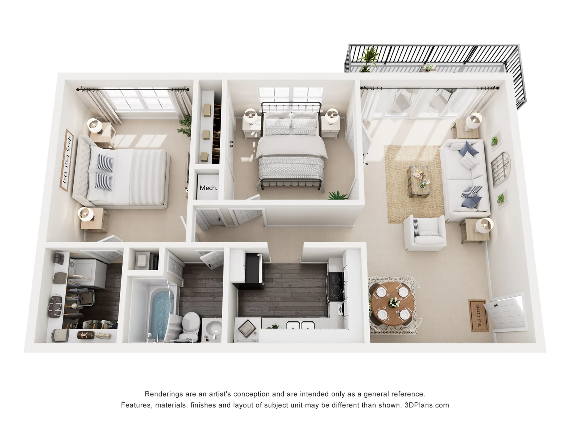Modern 2-bedroom apartment floor plan featuring an open living and dining area, stylish kitchen, and private balcony.
