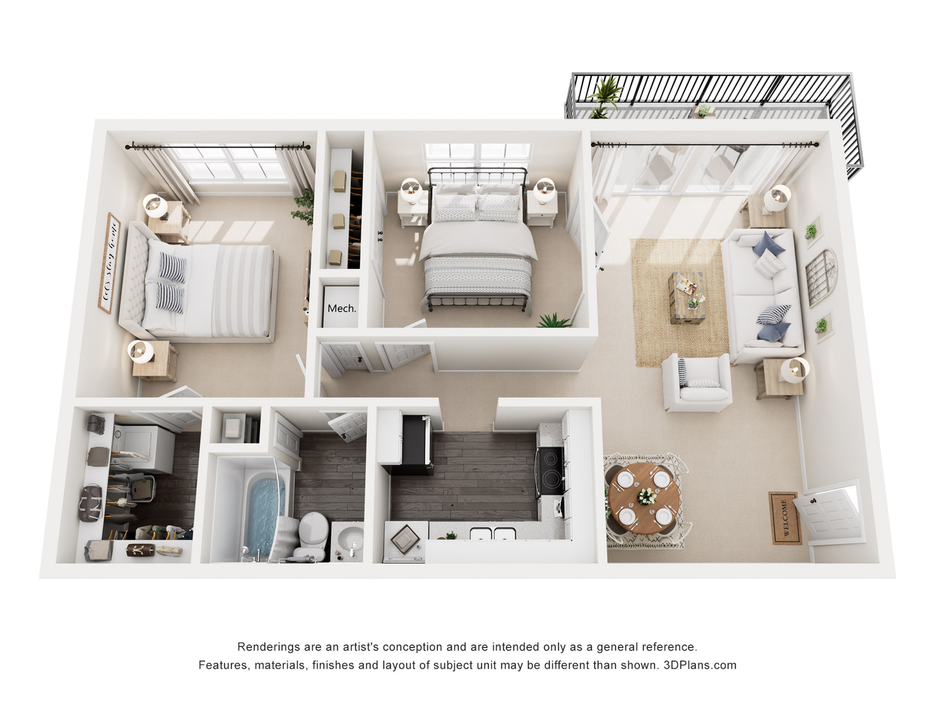 Elegant 3D floor plan showcasing 2 bedrooms, a modern kitchen, and a cozy living room with balcony access.