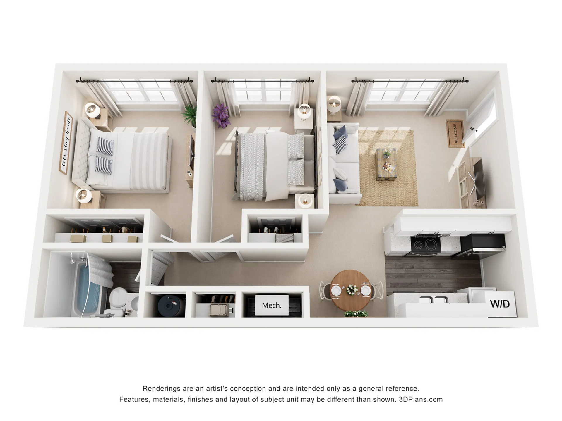 Elegant 3D floor plan showcasing 2 cozy bedrooms, a bright living room, and modern kitchen with sleek appliances, complete with in-unit washer and dryer.