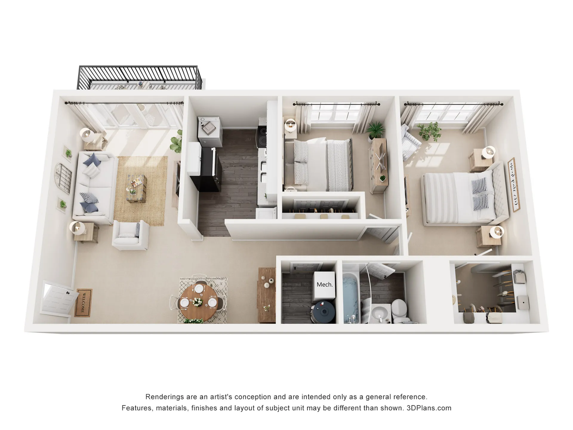 Modern 3D floor plan showcasing 2 bedrooms, a cozy living room leading to a balcony, and a functional kitchen setup.