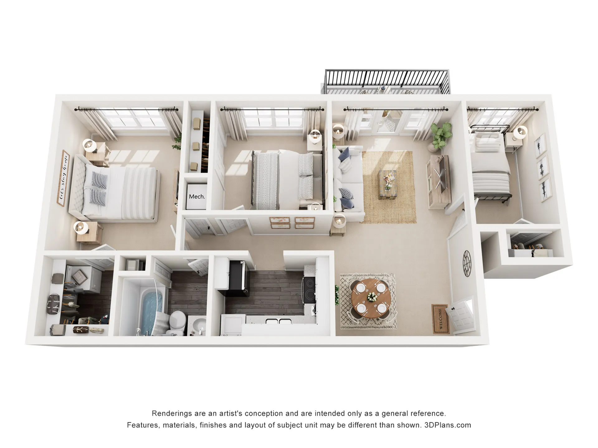 Contemporary 3D floor plan featuring two elegant bedrooms, an open living room, and a modern kitchen with sleek finishes.