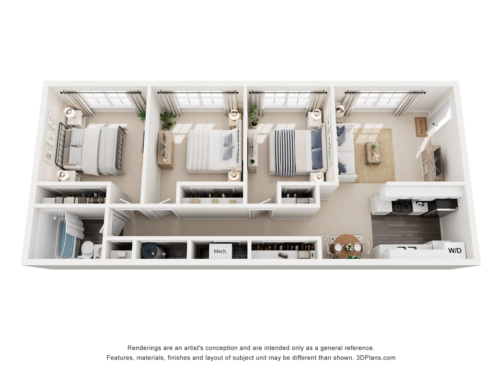 Modern 3D floor plan showcasing 3 bedrooms with ample natural light, a cozy living room, and a functional kitchen, ideal for comfortable living.